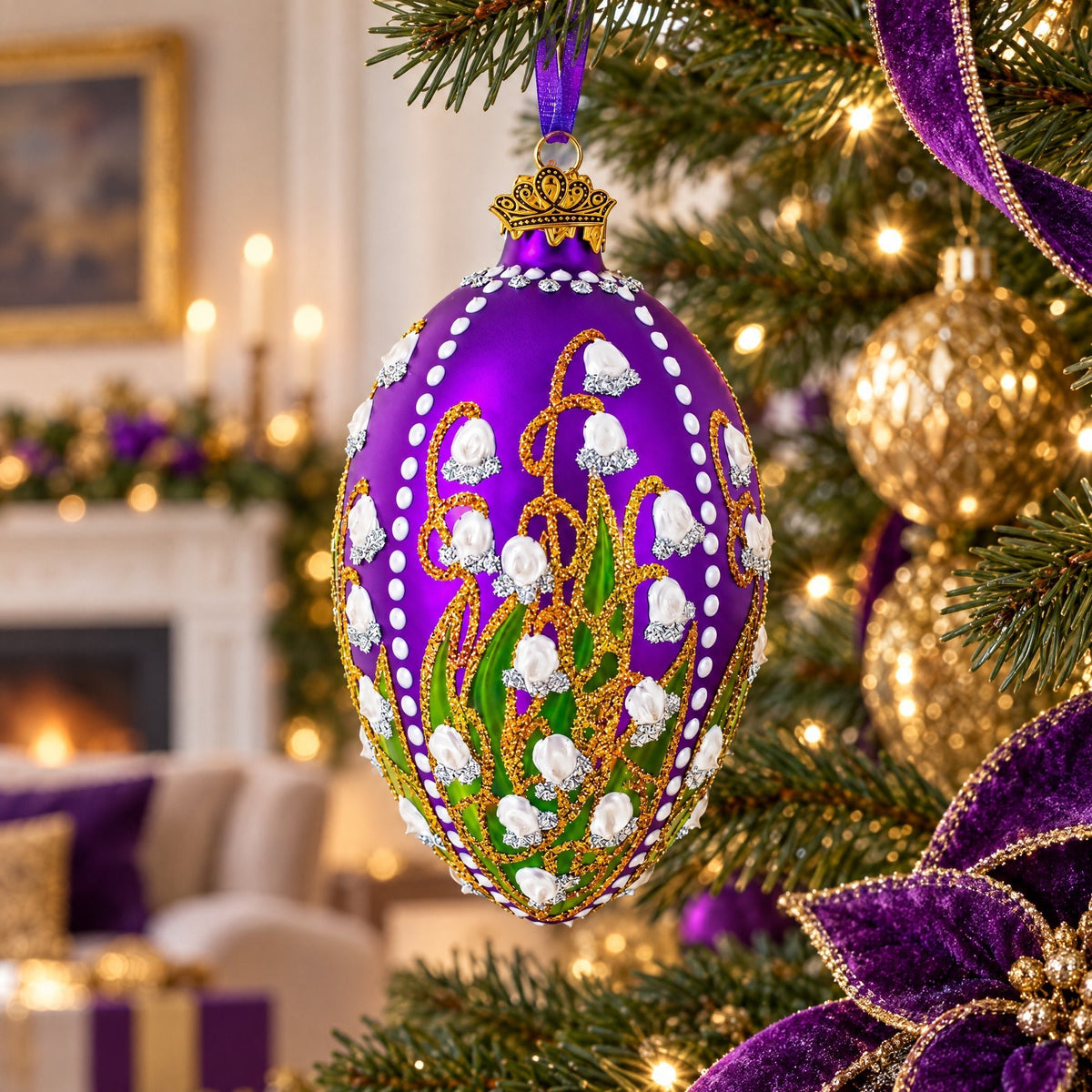 1898 Lilies Of The Valley In Purple Royal Egg Glass Ornament 4 Inches Christmas Ornaments > Royal La Vie Bien 1898 Lilies Of The Valley In Purple Royal Egg Glass Ornament 4 Inches