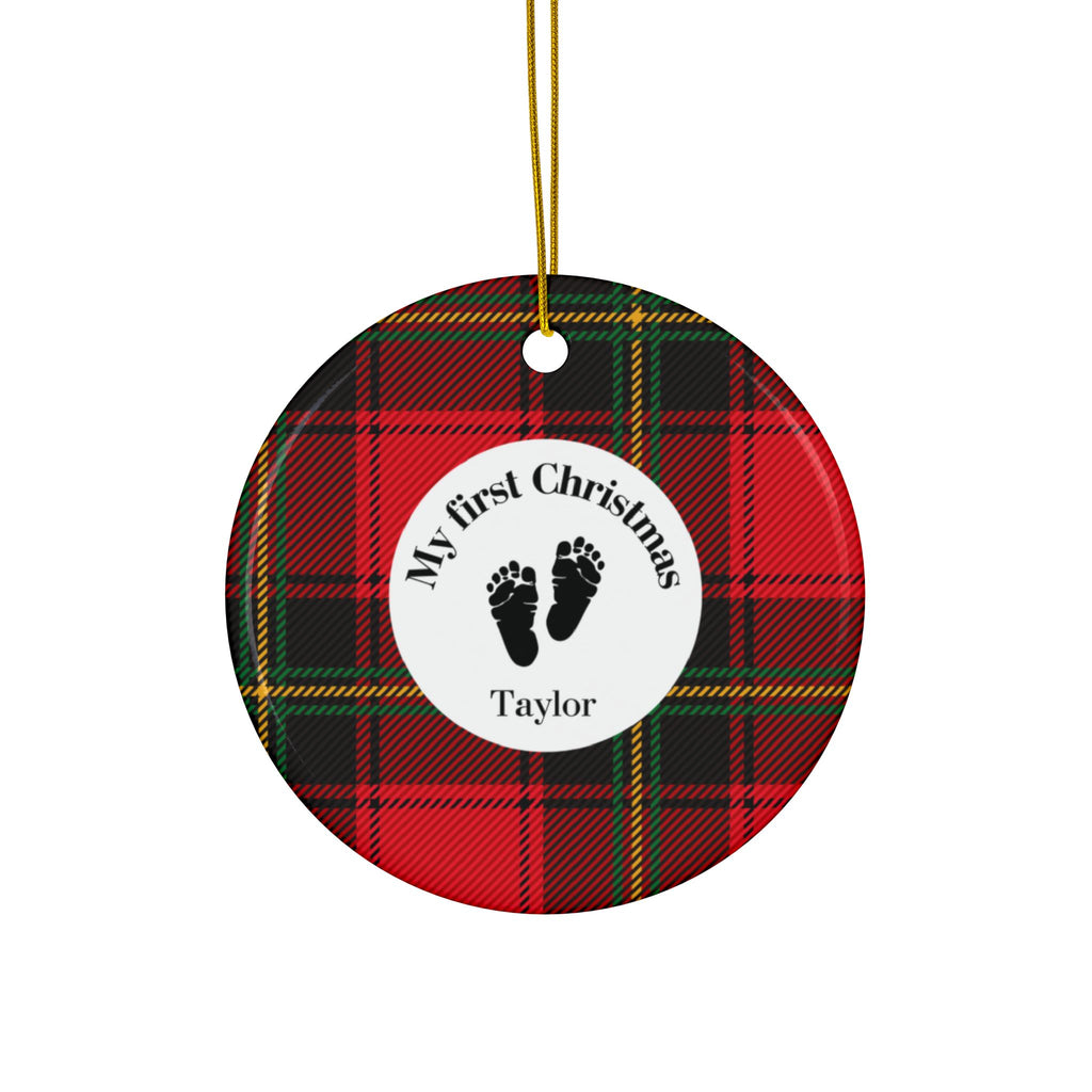 Personalized 'My First Christmas' Baby Ornament — Red Tartan Ceramic ornament in 4 shapes with Custom Name