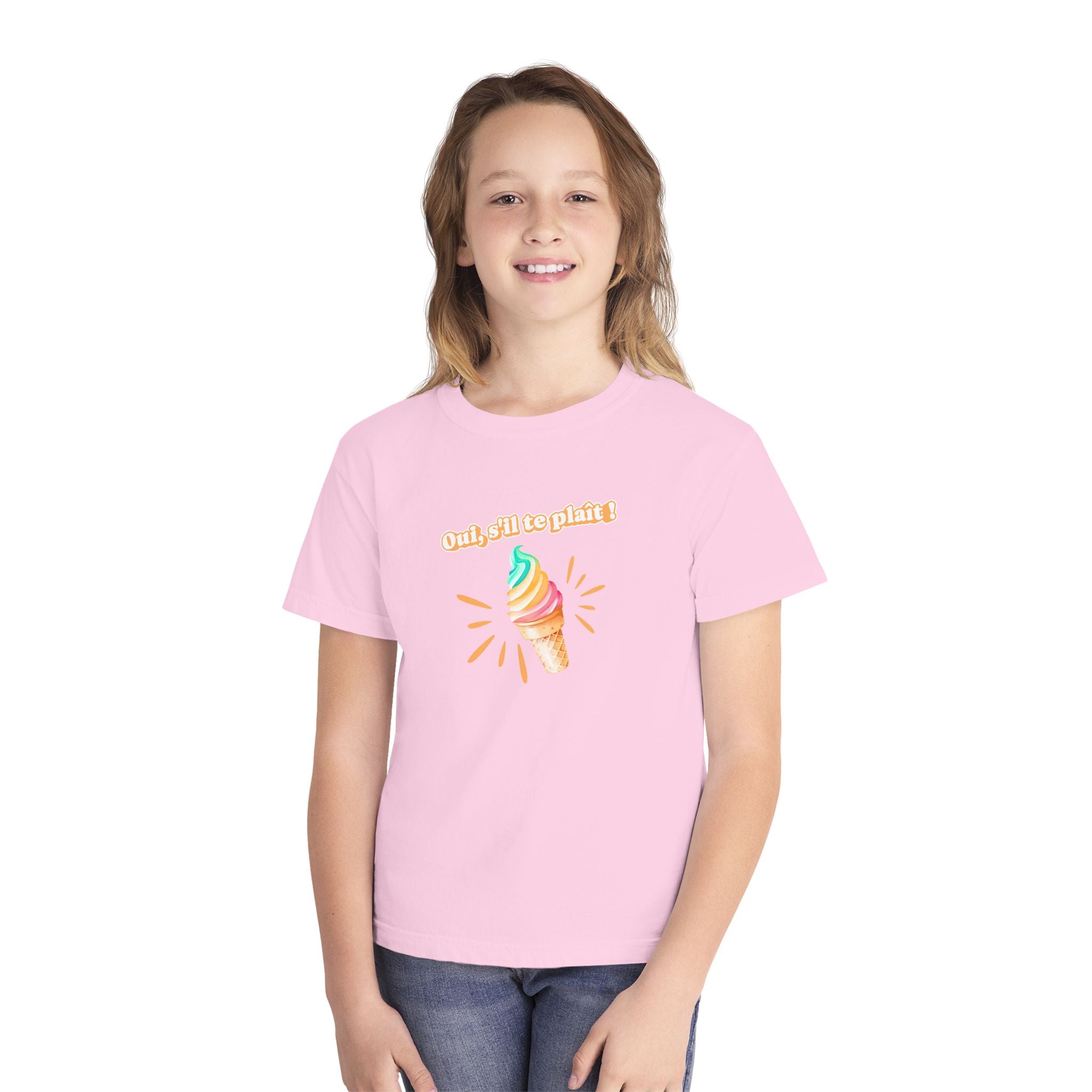 Oui, s'il te plait! yes, please Kids Ice cream Youth T Shirt Cute Rainbow Ice Cream Graphic with French Text