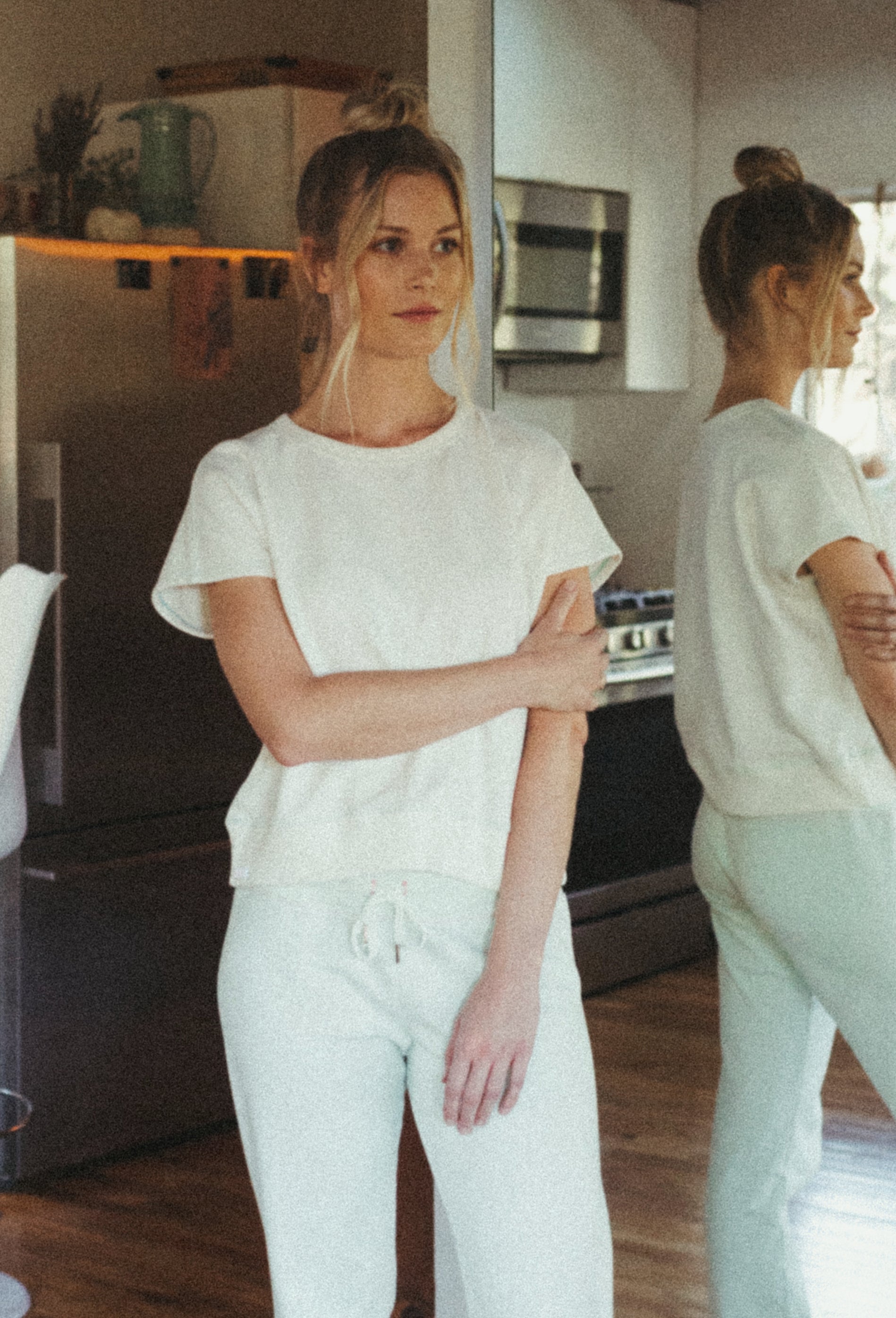 Organic Cotton Terry Bateau Top - Natural with Marine Green Stitching