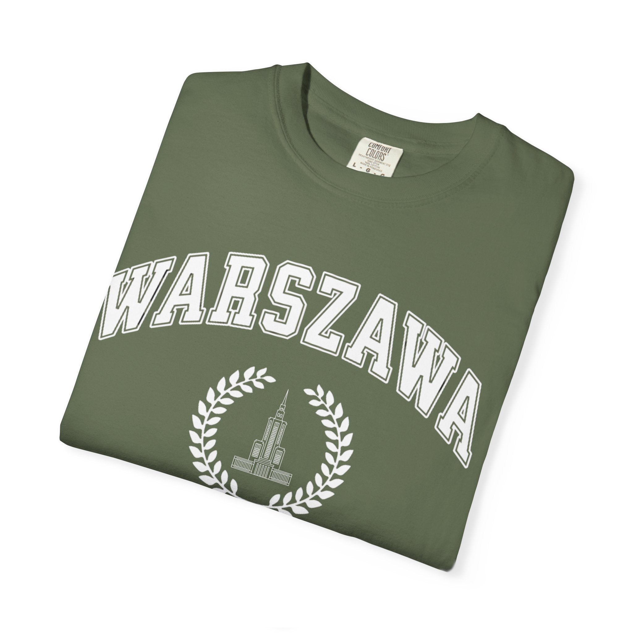 Warszawa Vintage Tee — Warsaw City Crest T-Shirt with Palace of Culture and Science graphic