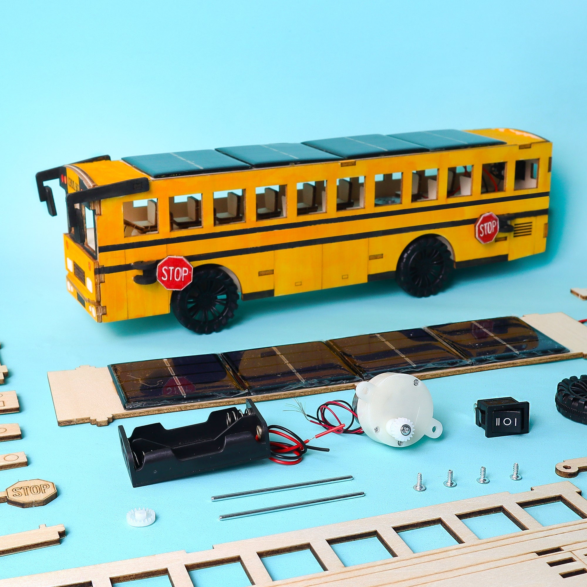 Dual Power School Bus STEM Kit – Build, Paint & Personalize | Battery + Solar Powered by Kitsville