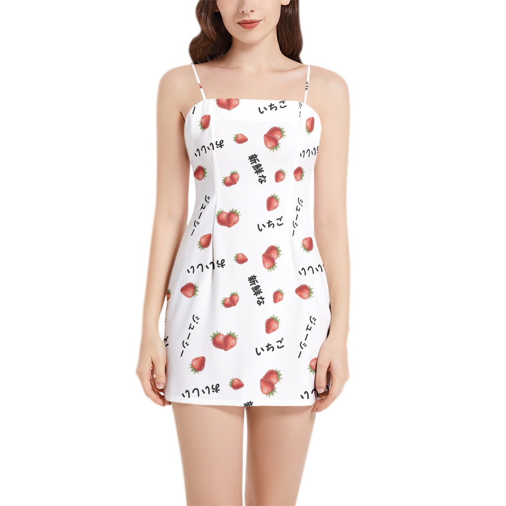 Strawberry いちご Japanese mini dress - Sleeveless Square Neckline Spaghetti Strap Mini Dress, 新鮮な, ジューシー, おいしい