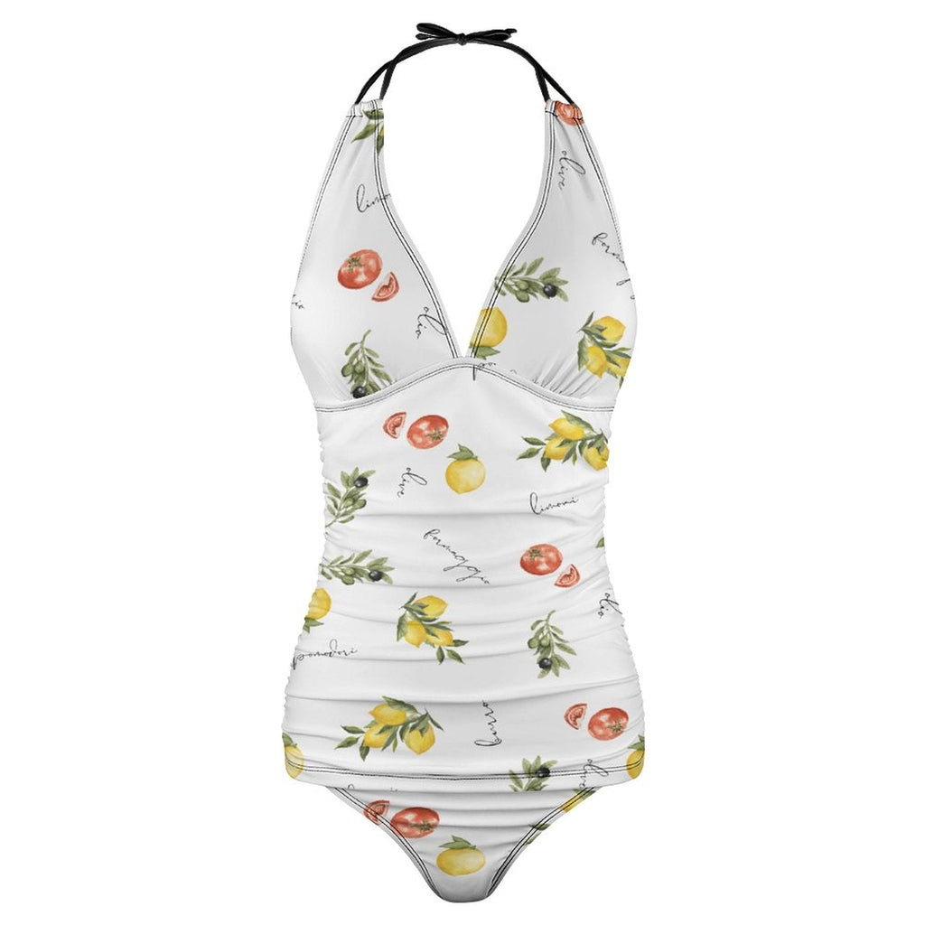 One-piece swimsuit with fruit pattern on a white background