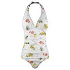 One-piece swimsuit with fruit pattern on a white background
