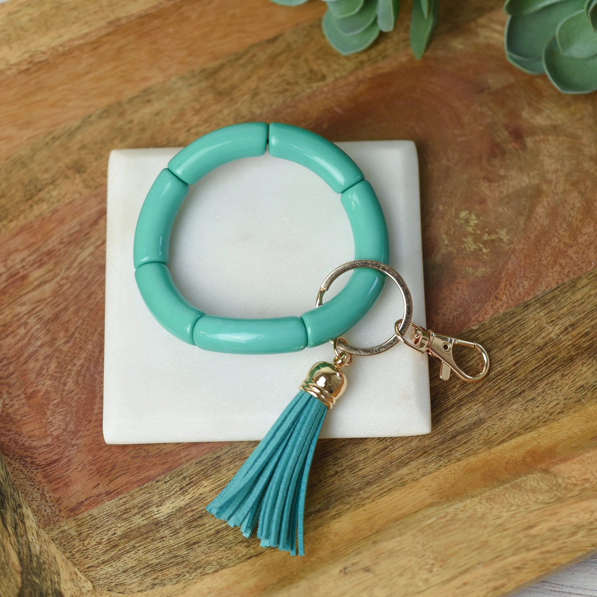 Katie Tube Bead Stretch Bracelet with Tassel and Keychain by Lemons and Limes Boutique