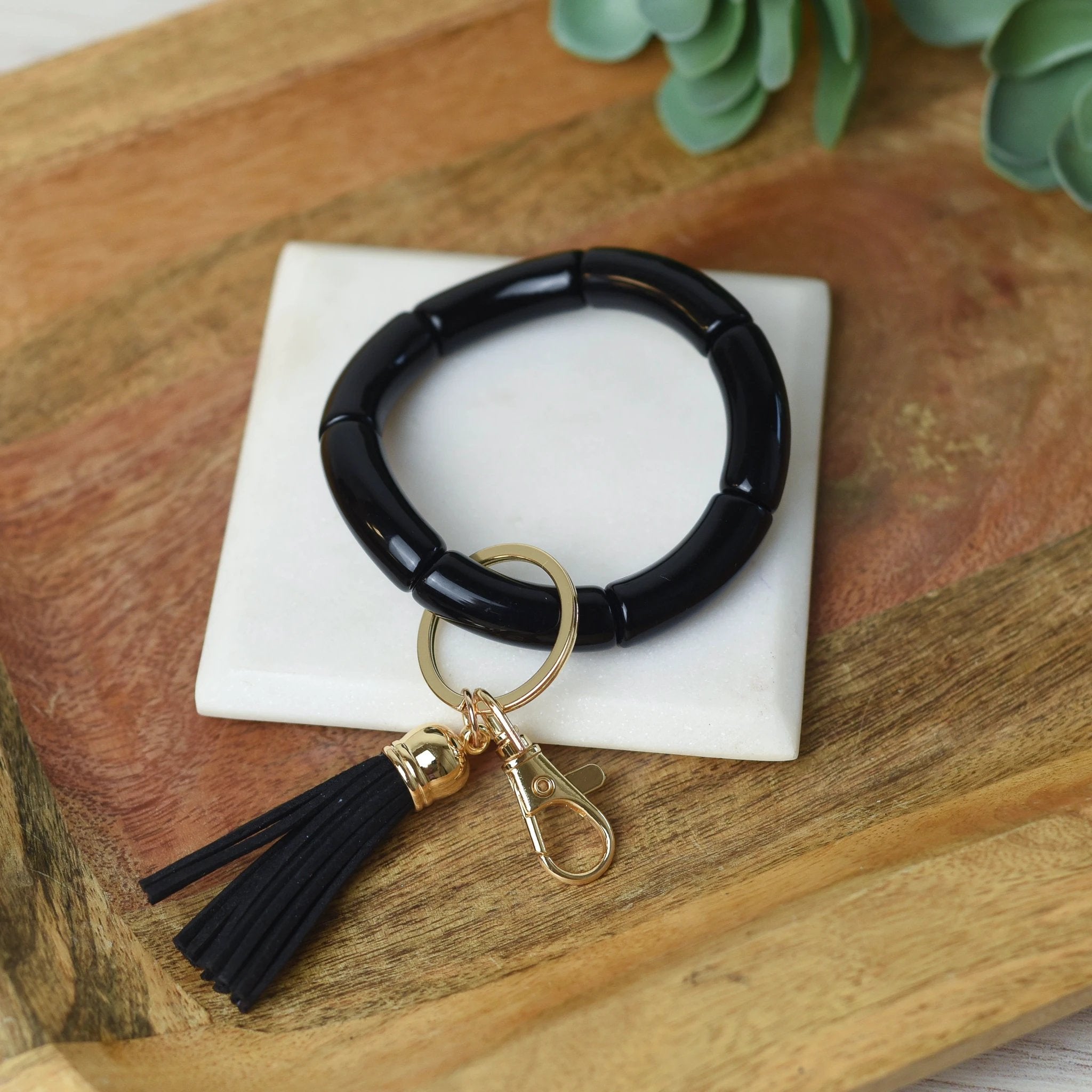 Katie Tube Bead Stretch Bracelet with Tassel and Keychain by Lemons and Limes Boutique