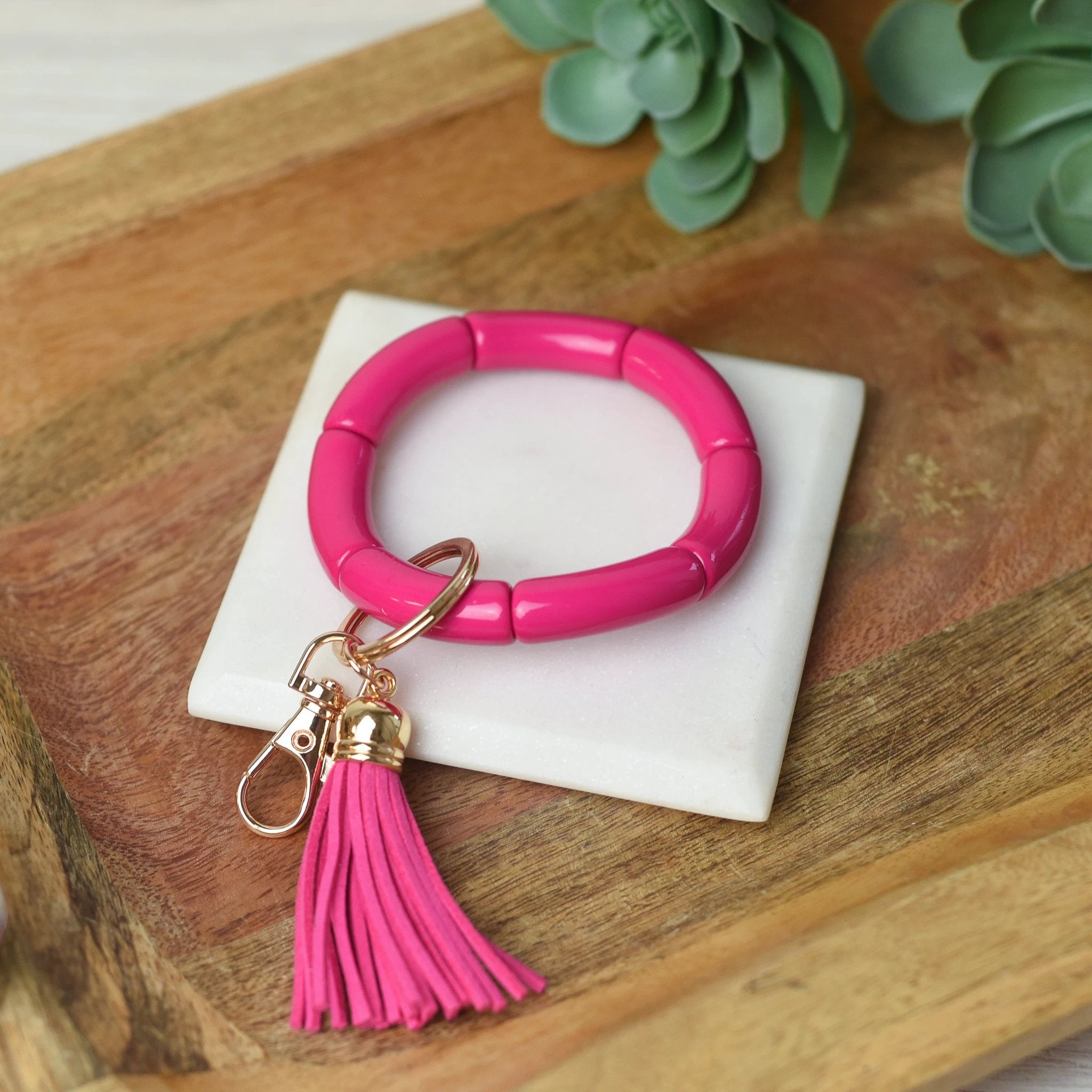 Katie Tube Bead Stretch Bracelet with Tassel and Keychain by Lemons and Limes Boutique