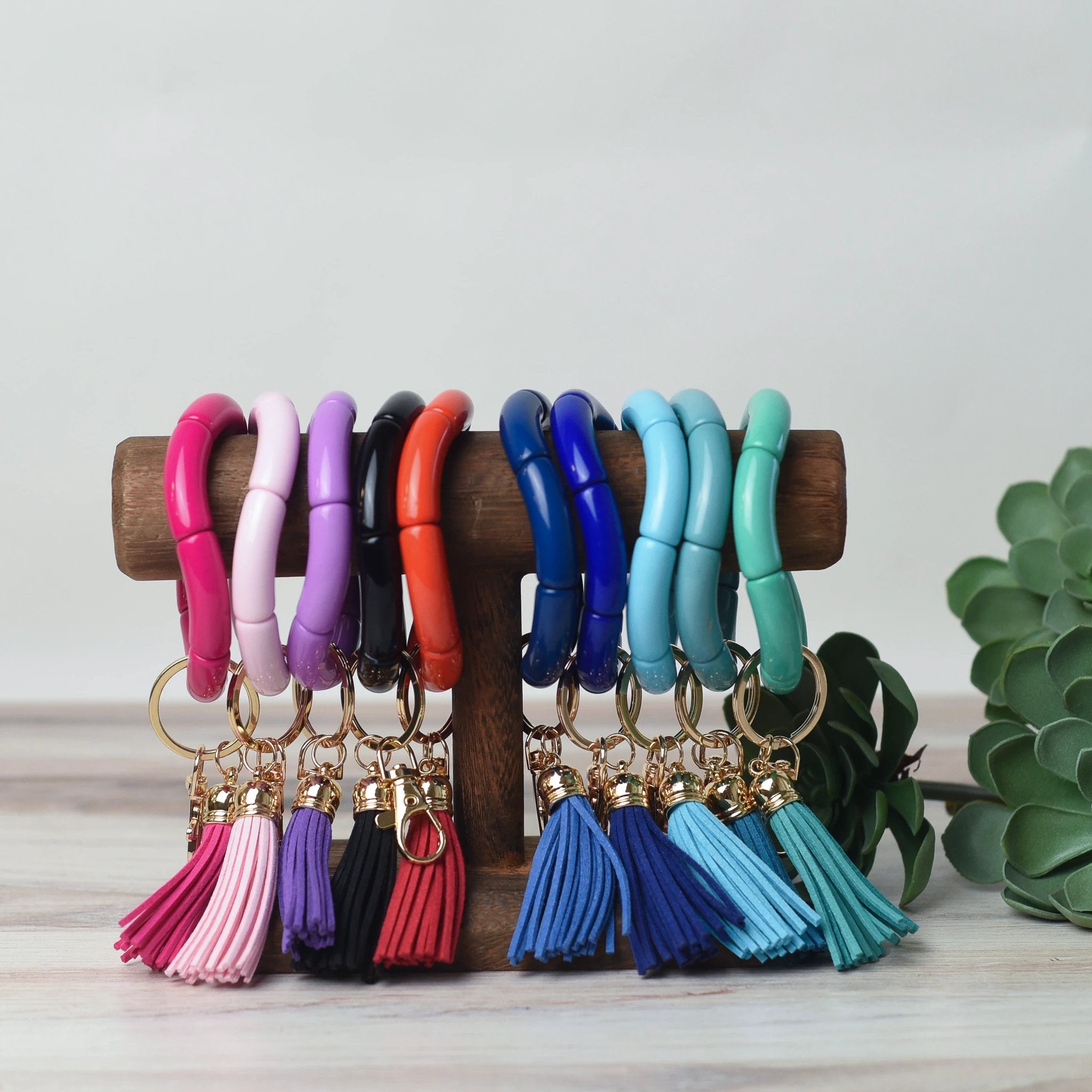 Katie Tube Bead Stretch Bracelet with Tassel and Keychain by Lemons and Limes Boutique