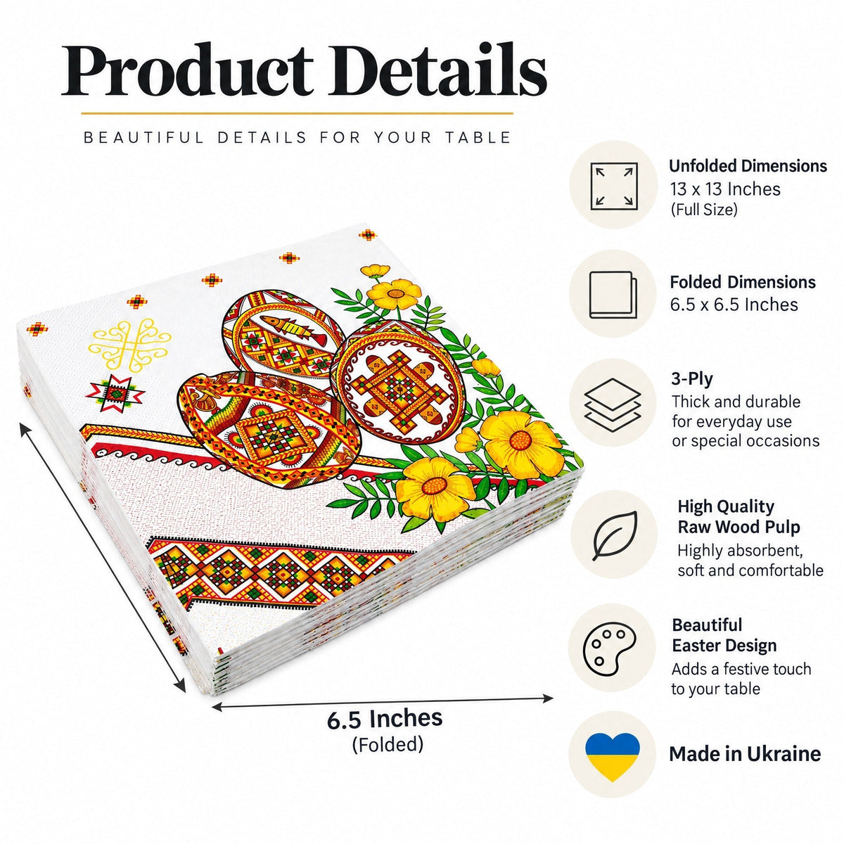 20 Pack of Ukrainian Paper Napkins 3-ply Easter Eggs Pysanky - Folded 6.5 x 6.5 Inches Easter > Tableware La Vie Bien 20 Pack of Ukrainian Paper Napkins 3-ply Easter Eggs Pysanky - Folded 6.5 x 6.5 Inches