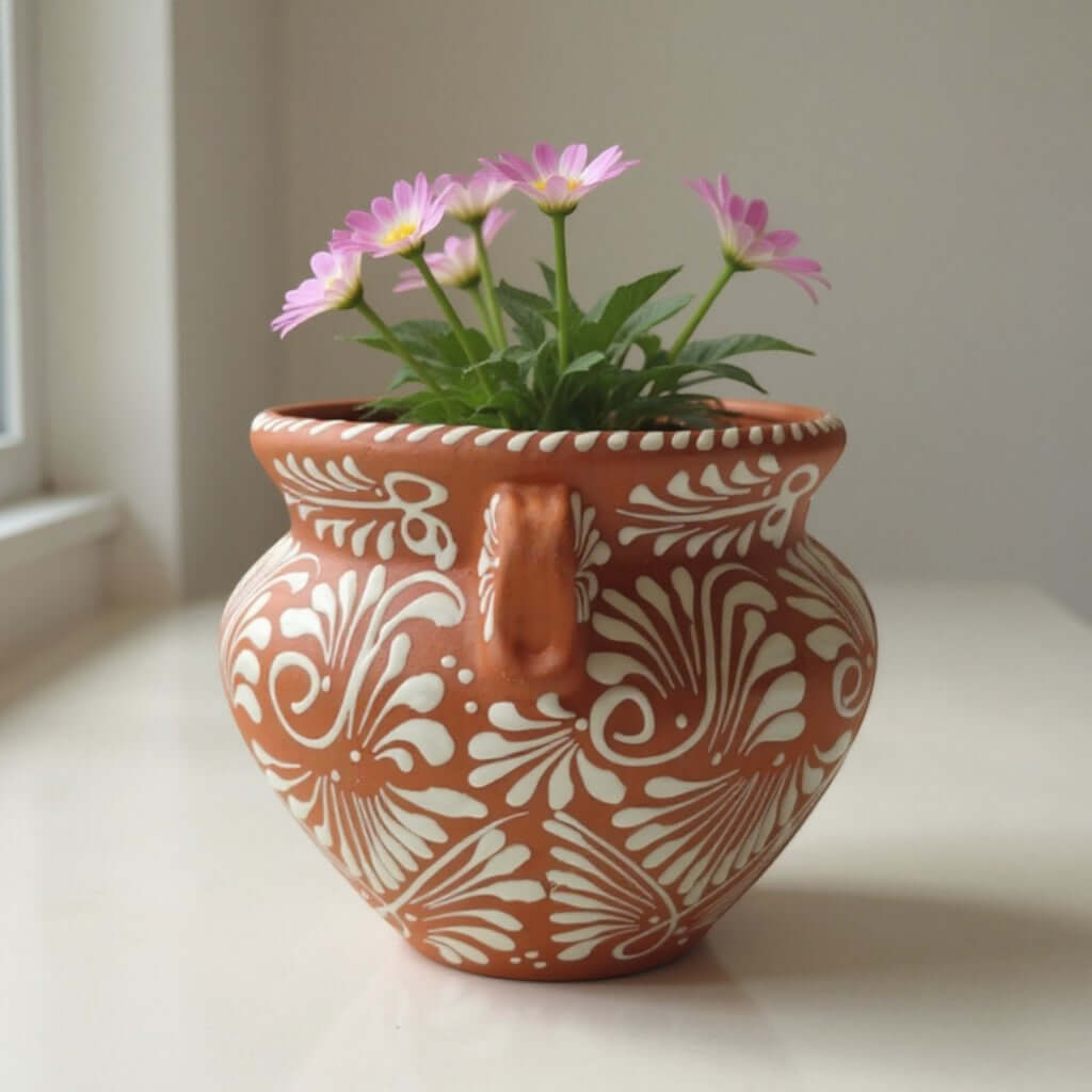 Handcrafted Talavera Flower Pot | Terracotta & White Design