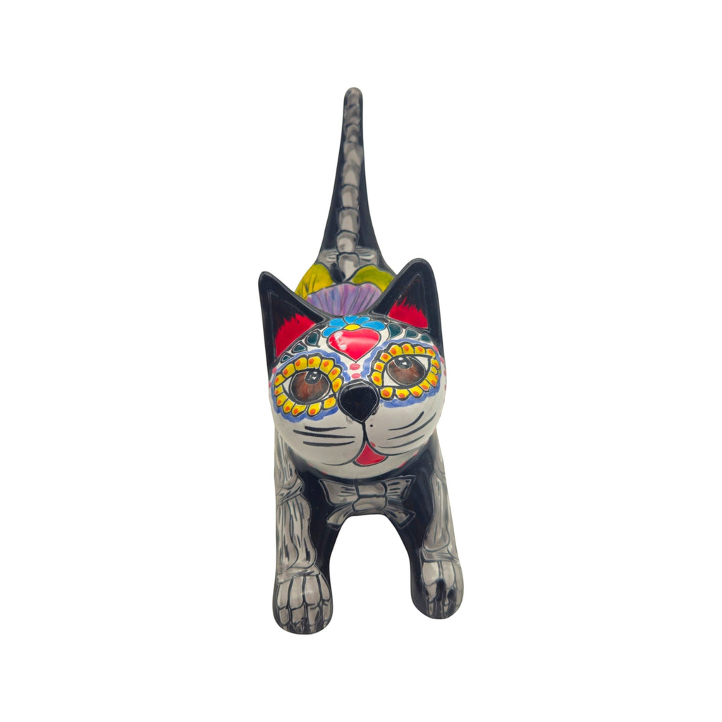 Hand-Painted Talavera Stretching Cat Statue | Day of the Dead Mexican Decor