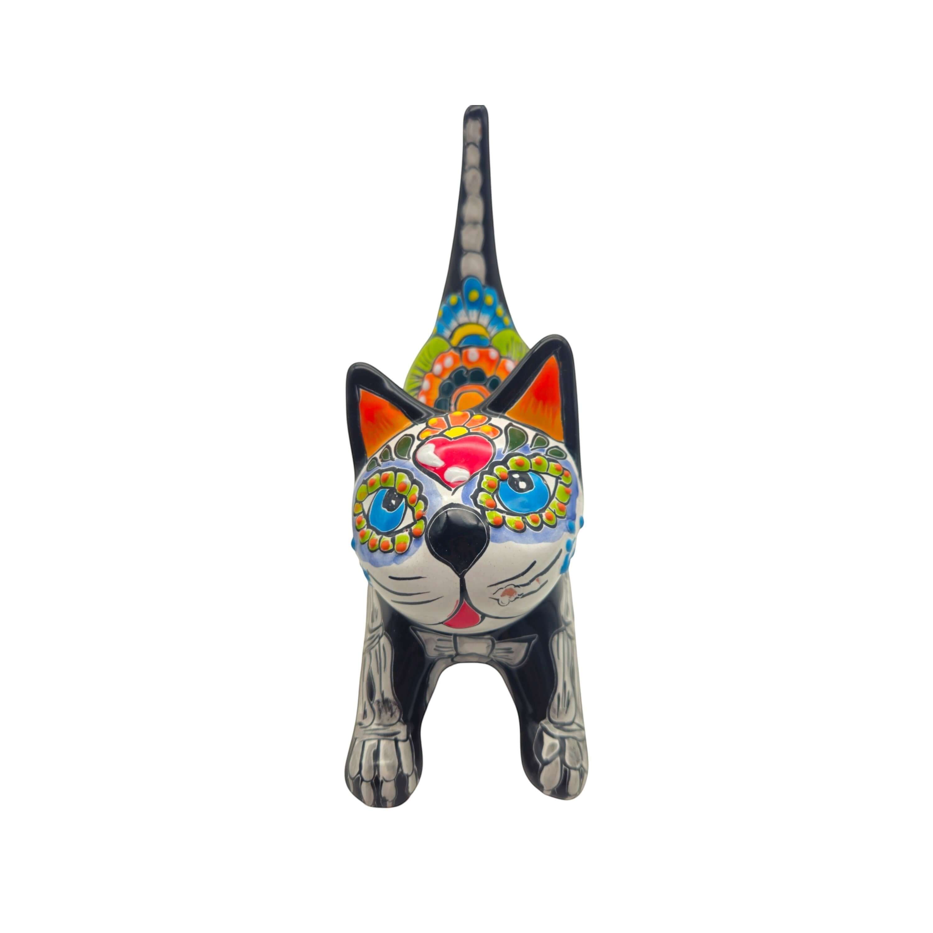 Hand-Painted Talavera Stretching Cat Statue | Day of the Dead Mexican Decor