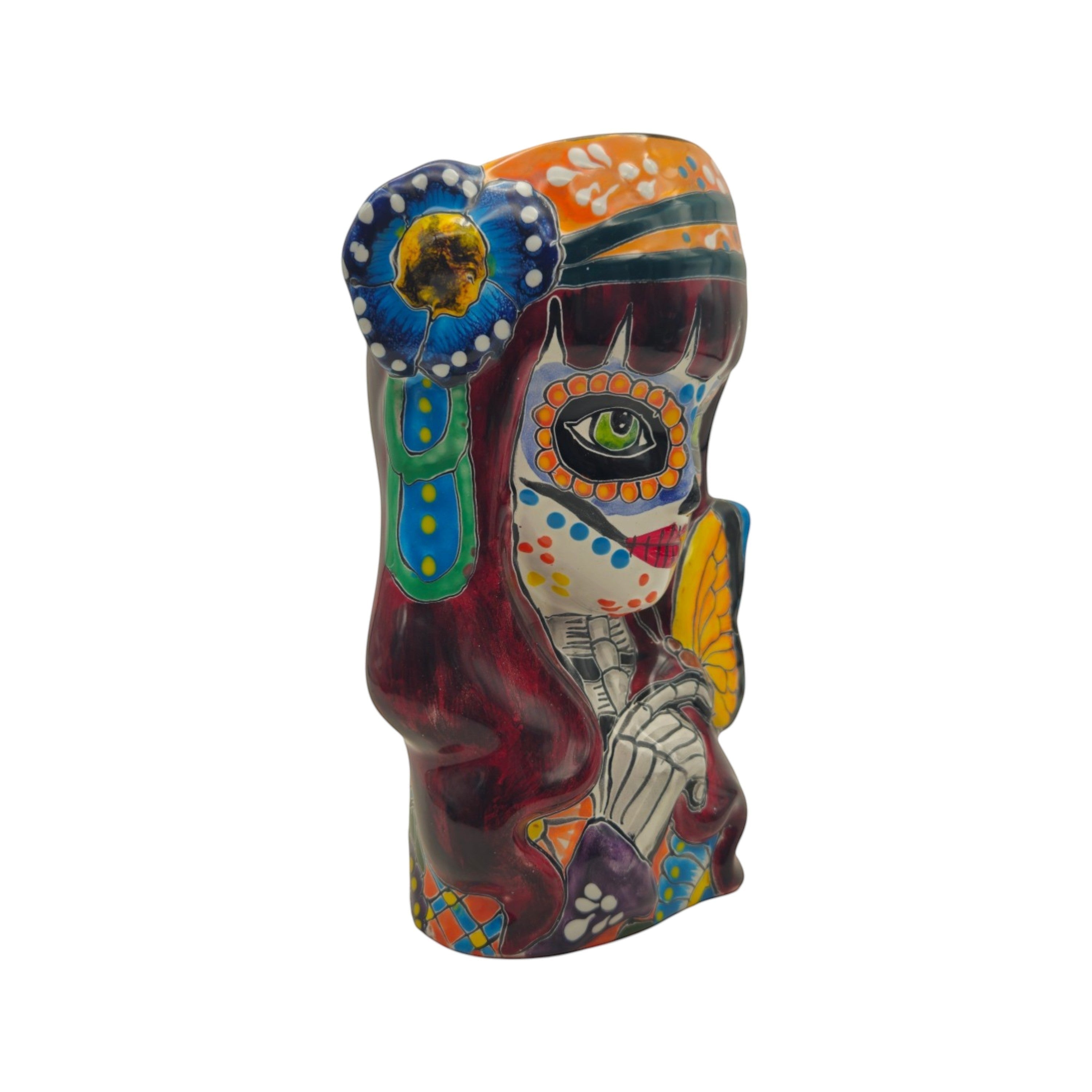 Talavera Butterfly Skull Planter | Handcrafted Day of the Dead Ceramic Pot