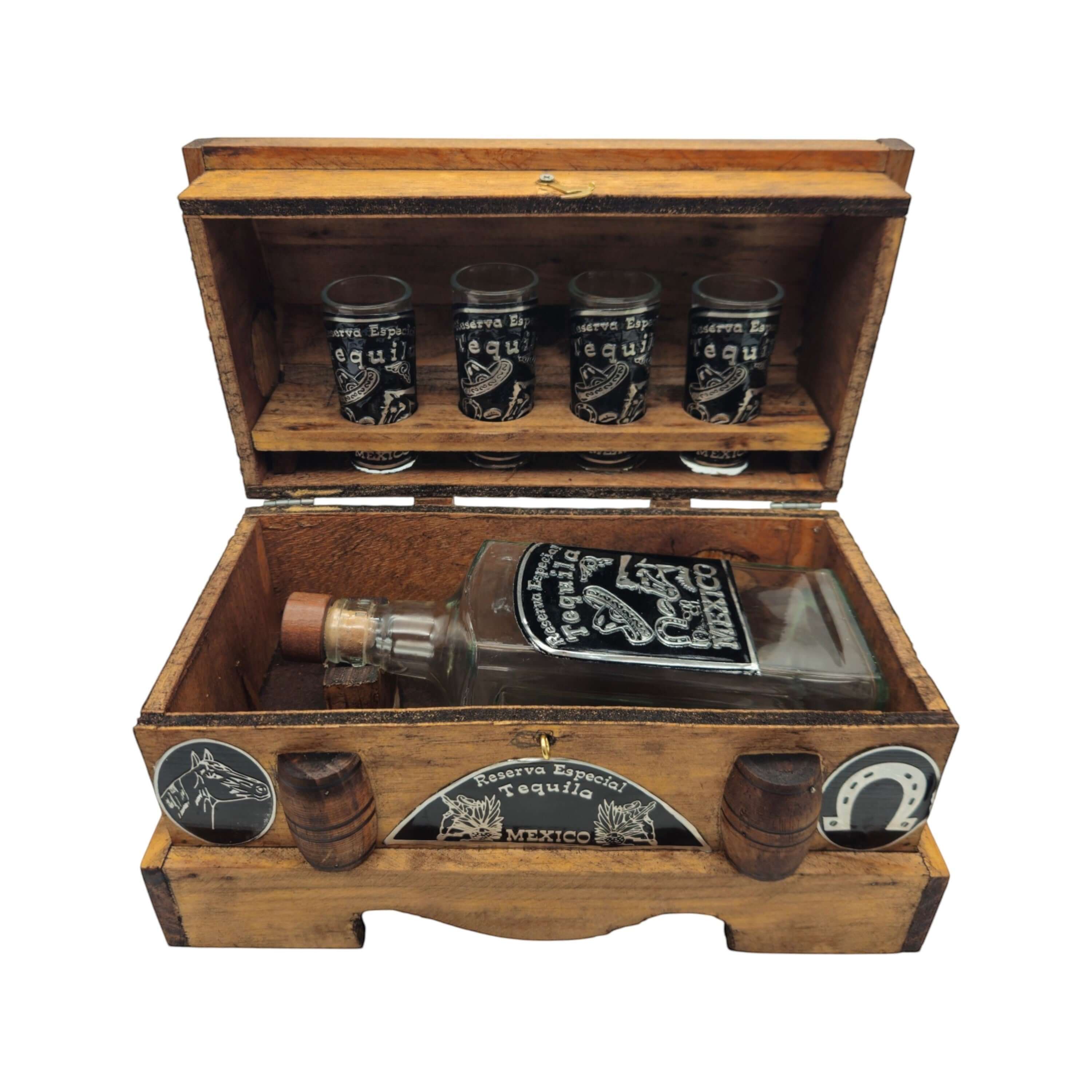 Mexican Shot Glass & Decanter Set | Rustic Wood Chest