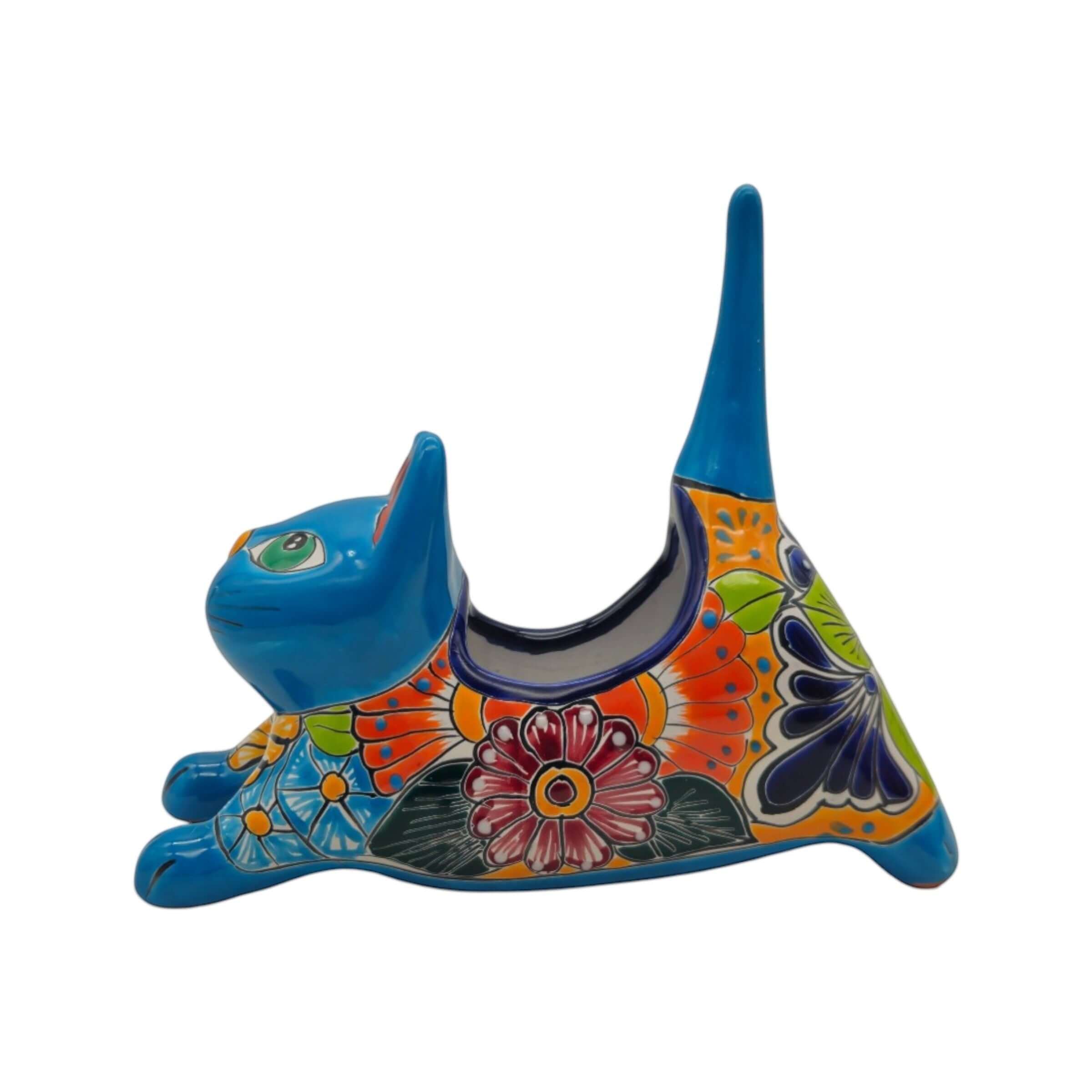 Talavera Cat Planter | Colorful Handcrafted Stretching Animal Pot