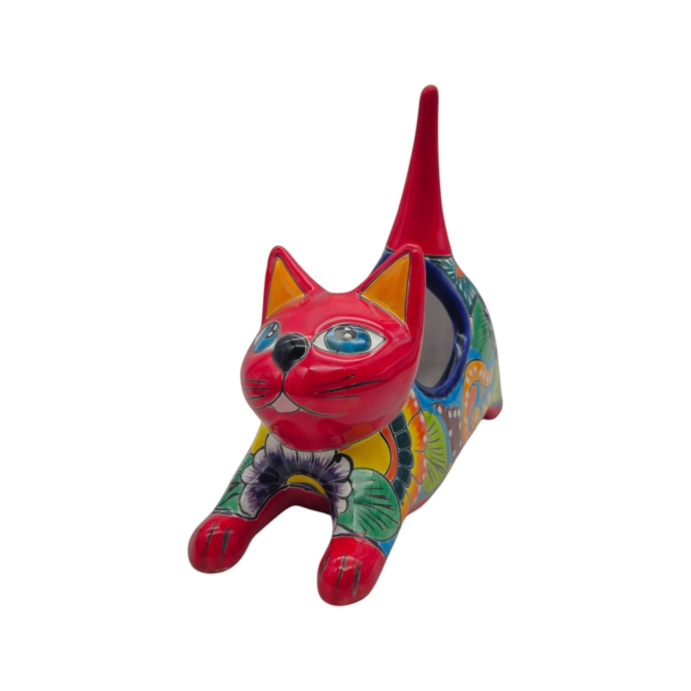Talavera Cat Planter | Colorful Handcrafted Stretching Animal Pot