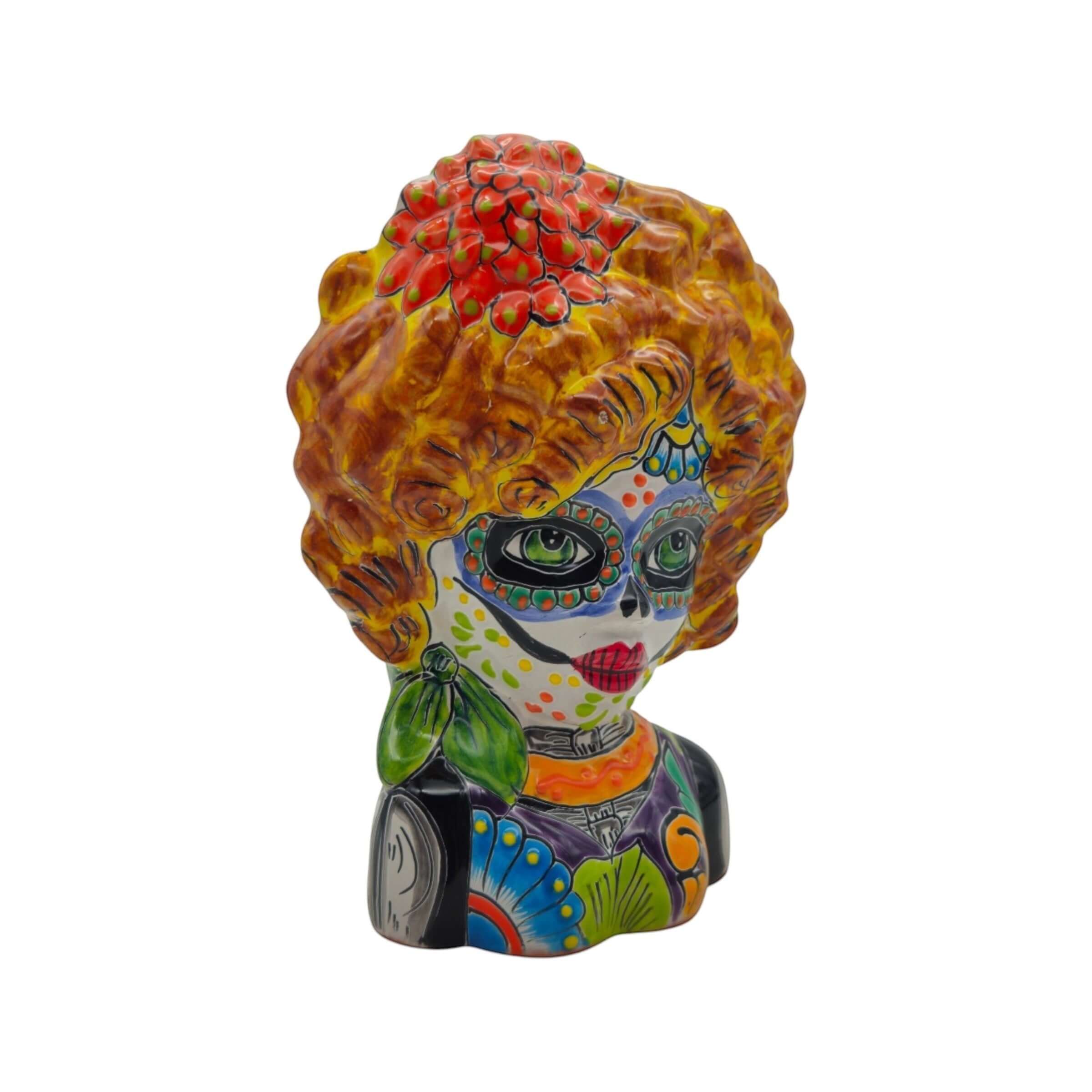 Colorful Talavera Lady Skull Planter | Day of the Dead Decor