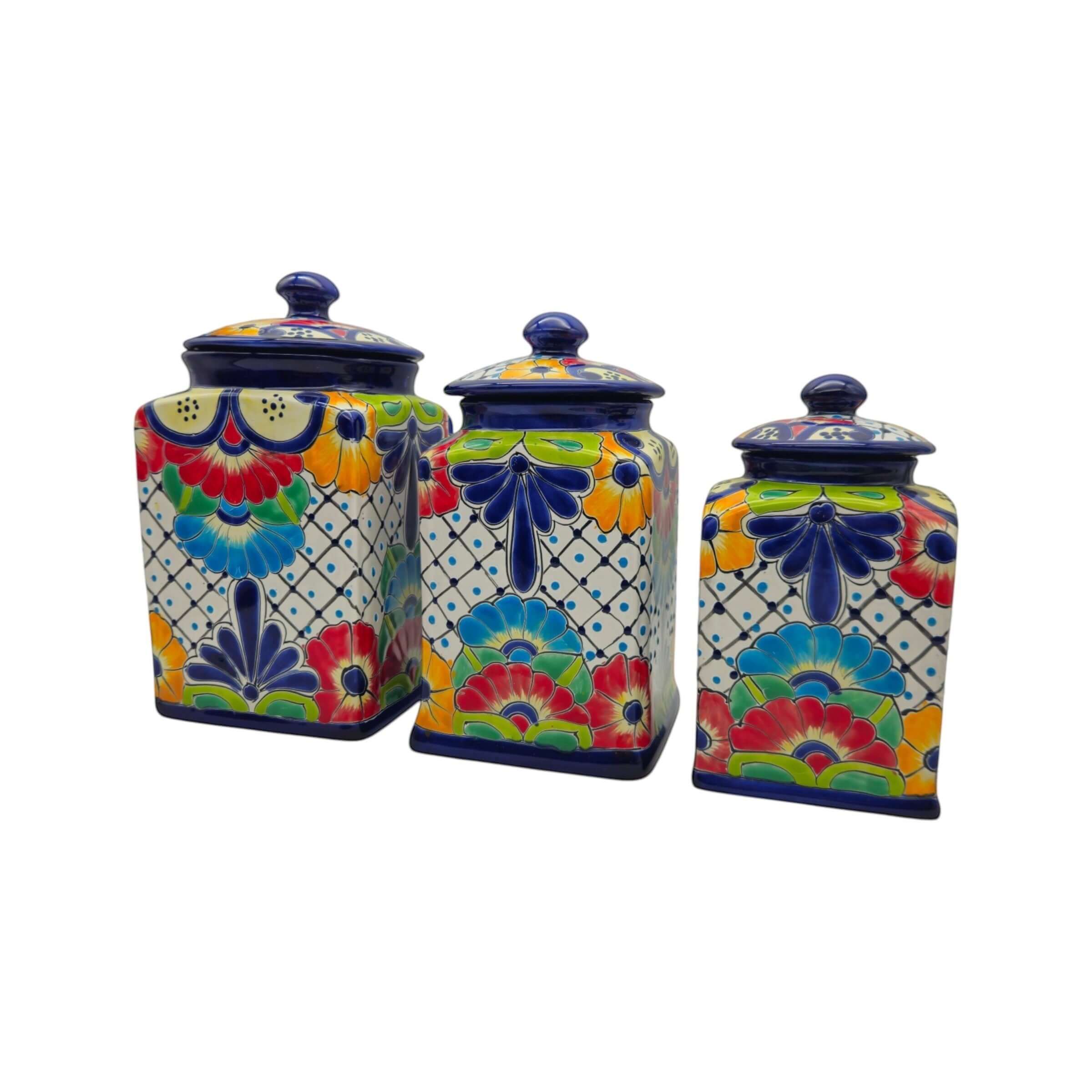 Blue Rim Talavera Canister Set | Multicolor Mexican Pottery Jars
