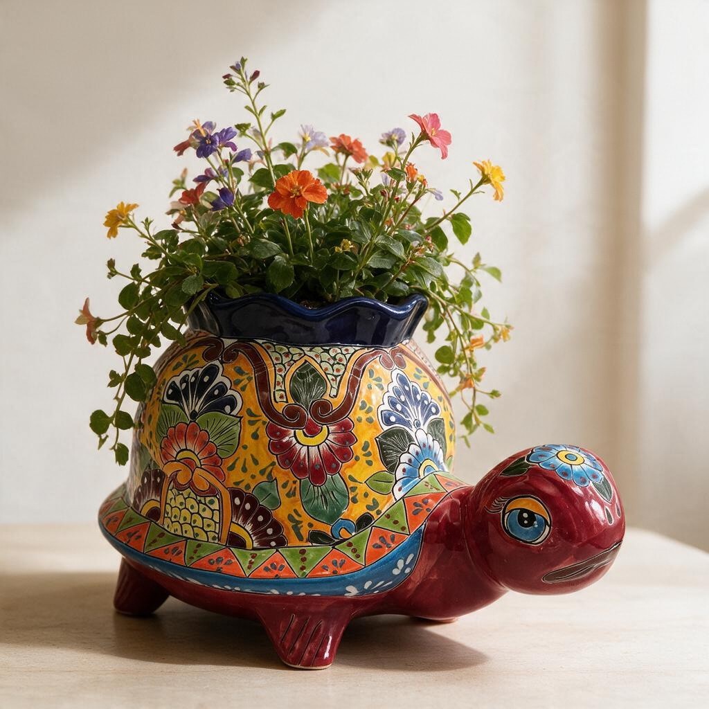 Vibrant Talavera Turtle Planter | Colorful Hand-Painted Mexican Pottery (Medium)