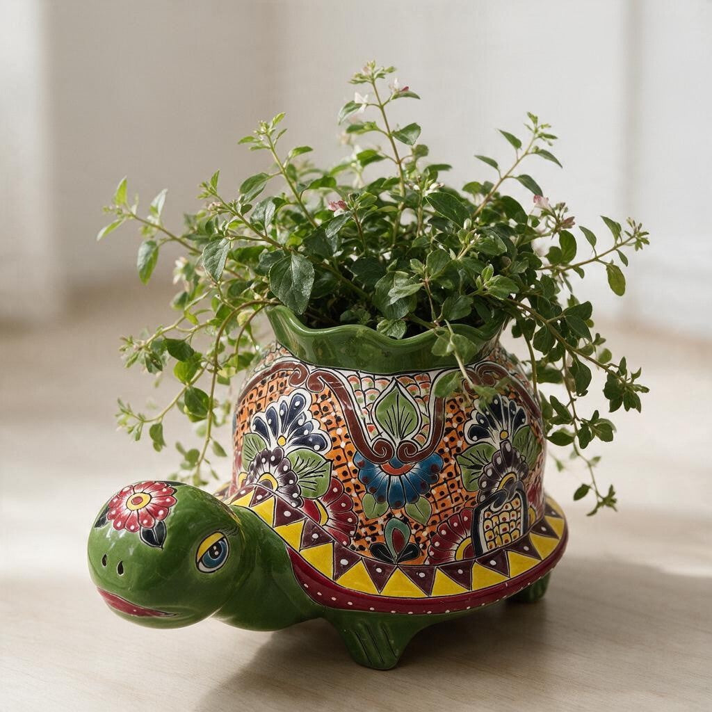 Vibrant Talavera Turtle Planter | Colorful Hand-Painted Mexican Pottery (Medium)