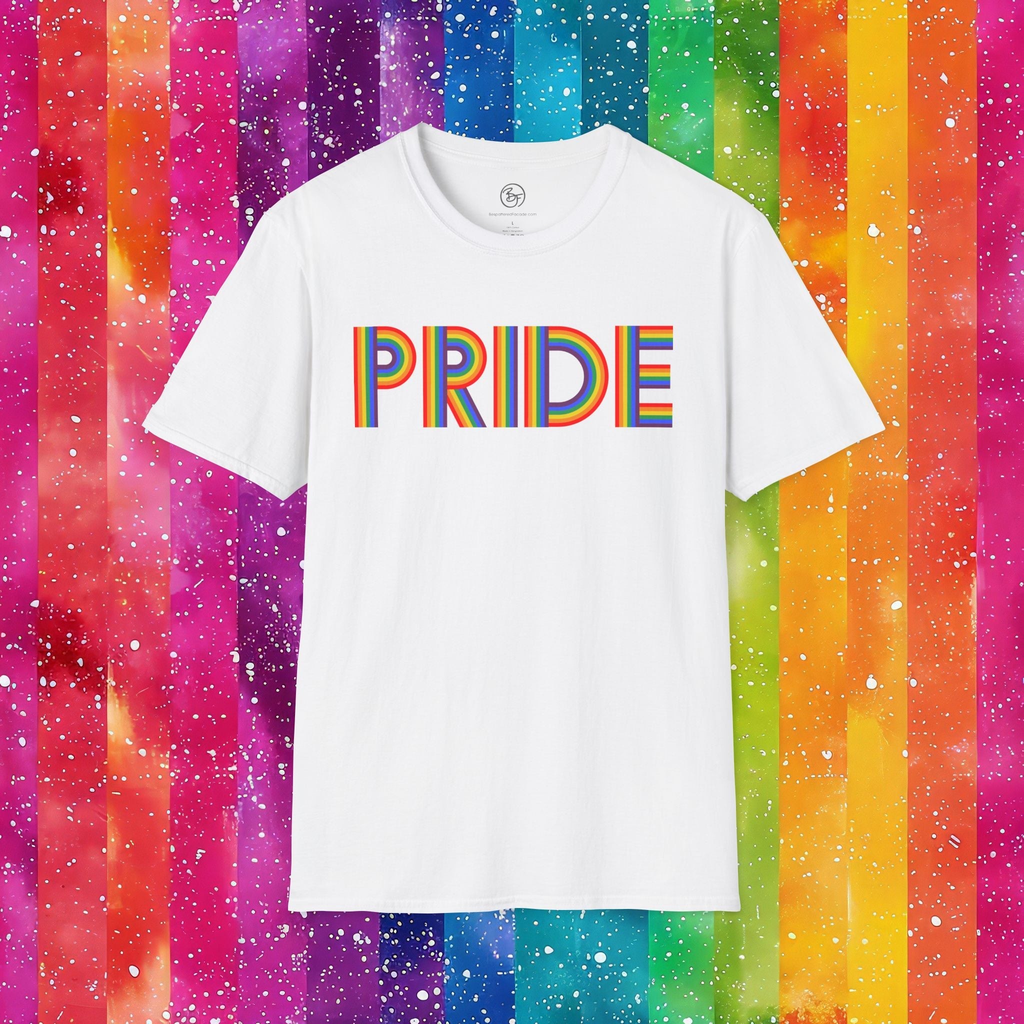 Bespattered Facade Rainbow Pride Ribbon Letters Unisex Softstyle T-Shirt