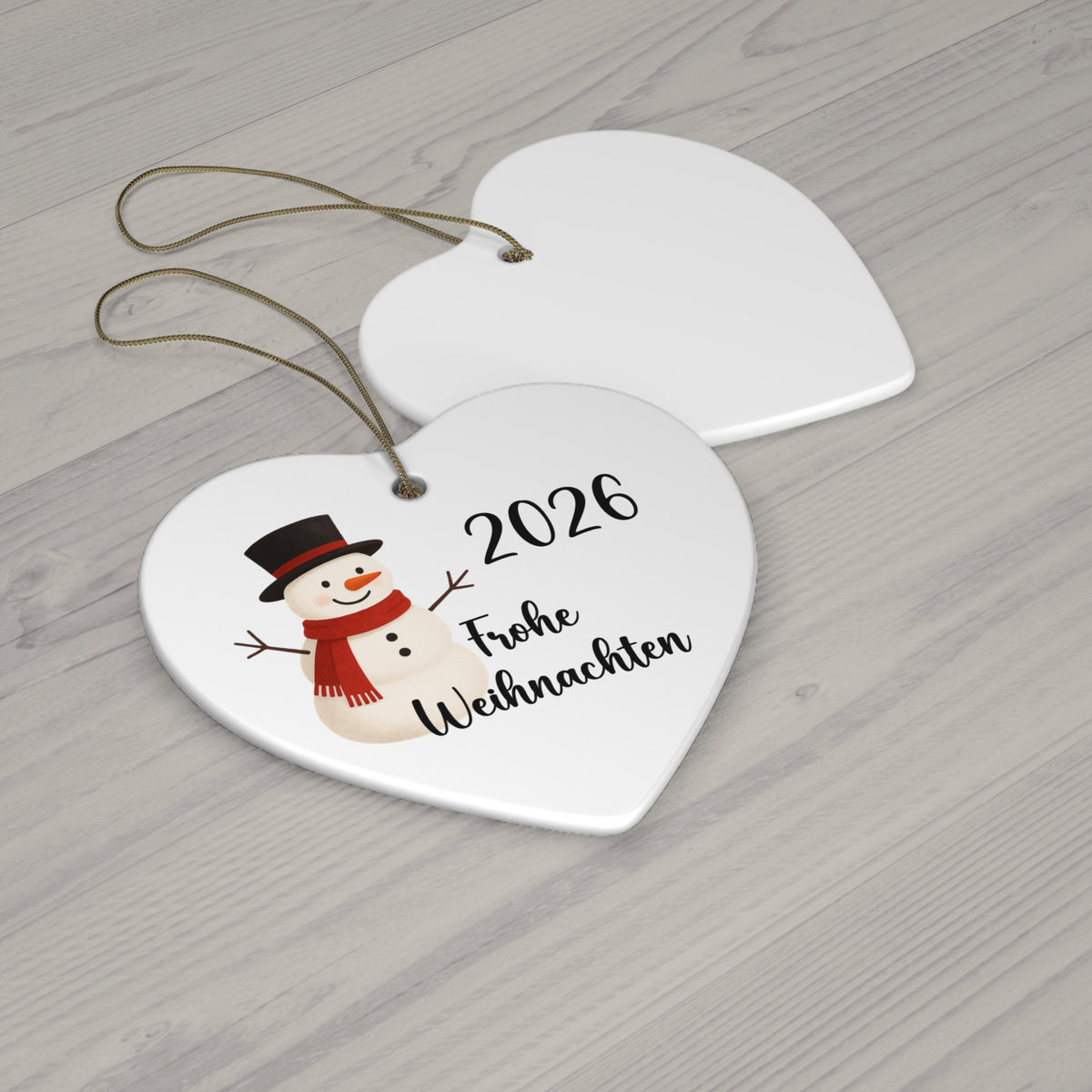 2026 Frohe Weihnachten German Snowman Ceramic Ornament in circle, star, heart, or snowflake
