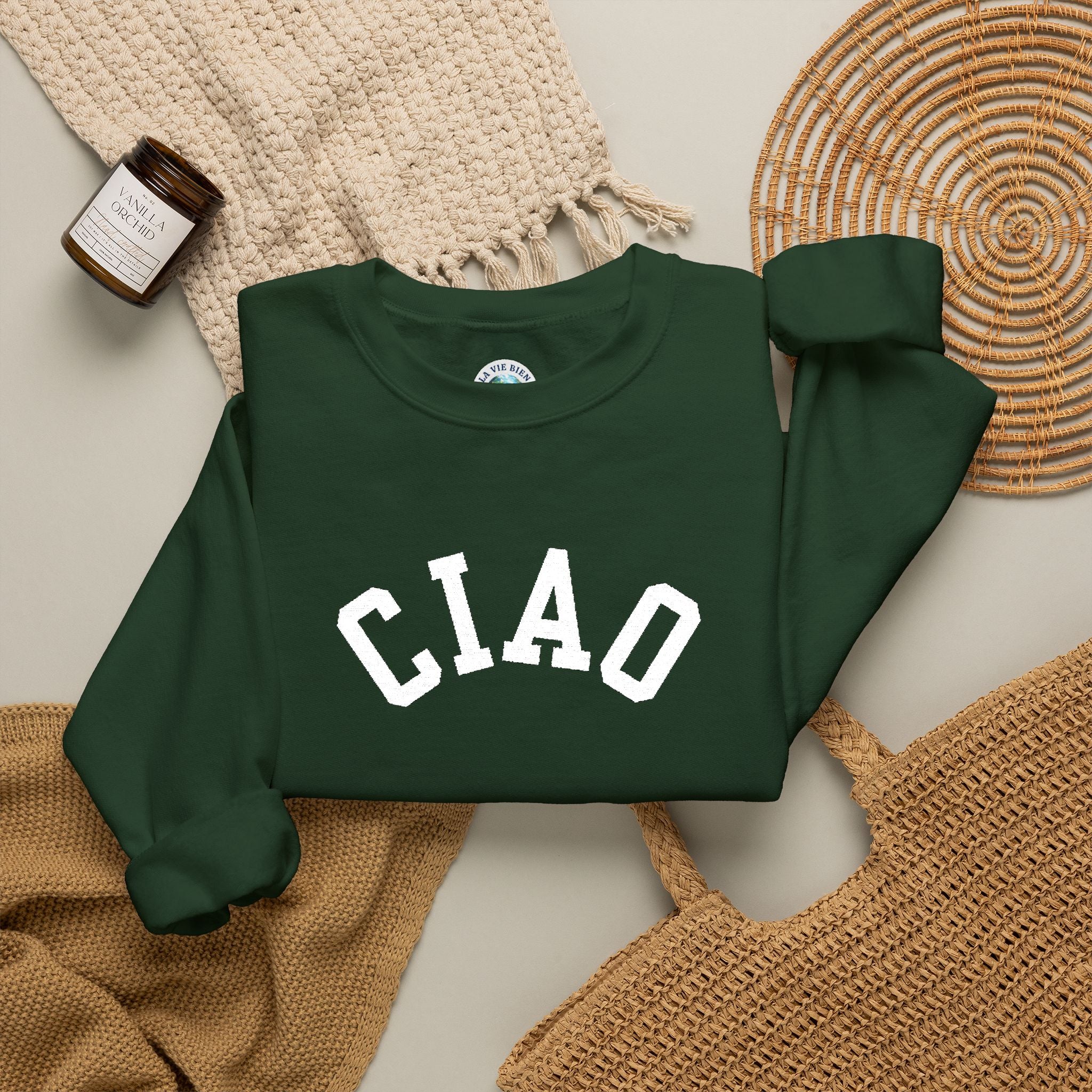 Ciao embroidered Italian Crewneck Sweatshirt, Italian Greeting Graphic Pullover