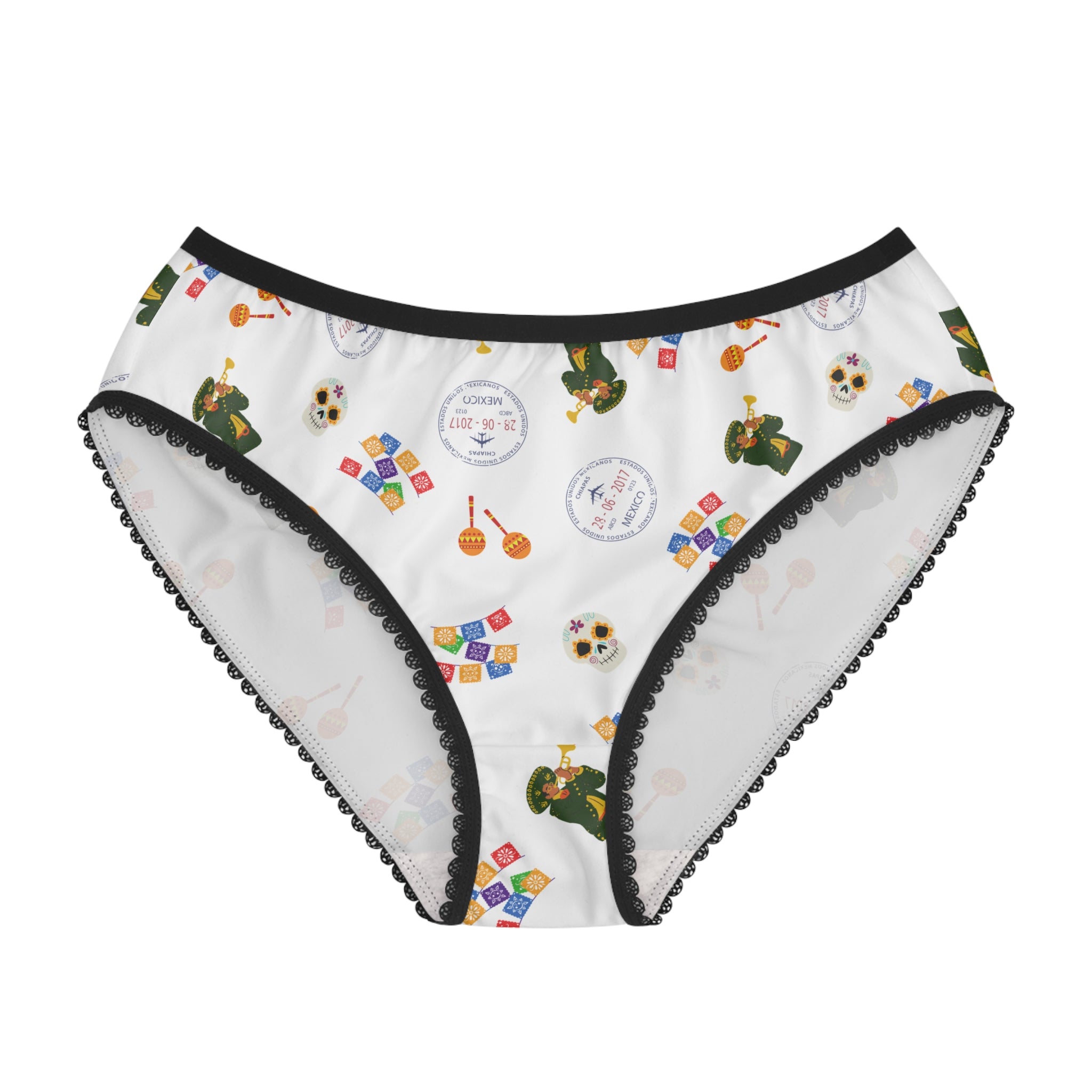 Mexican fiesta women's underwear, Day of the Dead Sugar Skull Pattern Briefs, papel picado and maracas