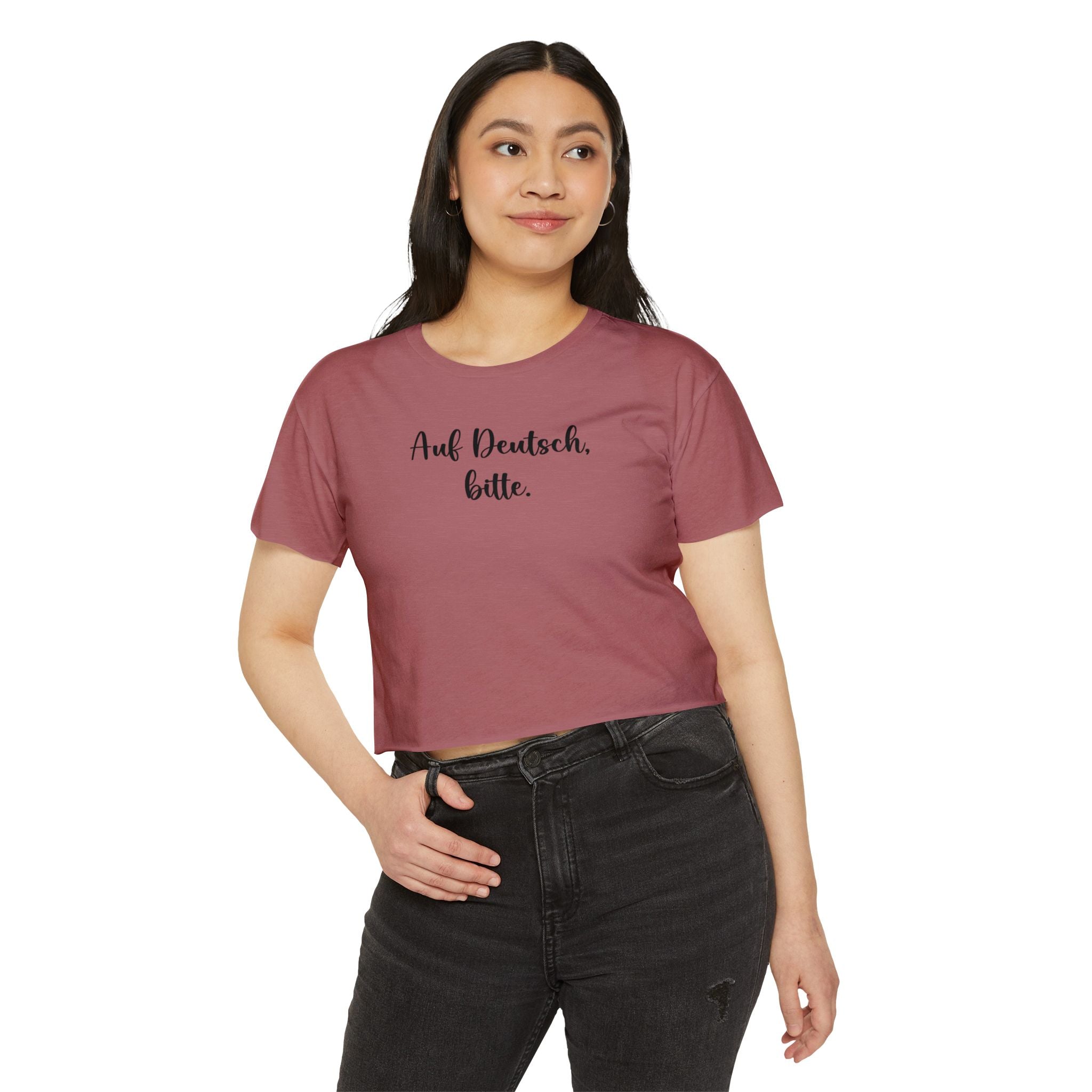 Auf Deutsch, bitte script crop top, German phrase tee, minimalist typography