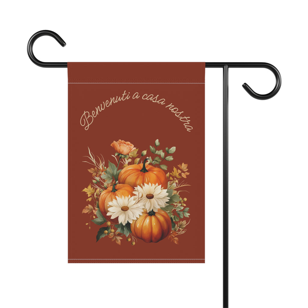 Italian Autumn Pumpkin Bouquet Garden Flag - "Benvenuti a casa nostra" Fall Welcome Banner