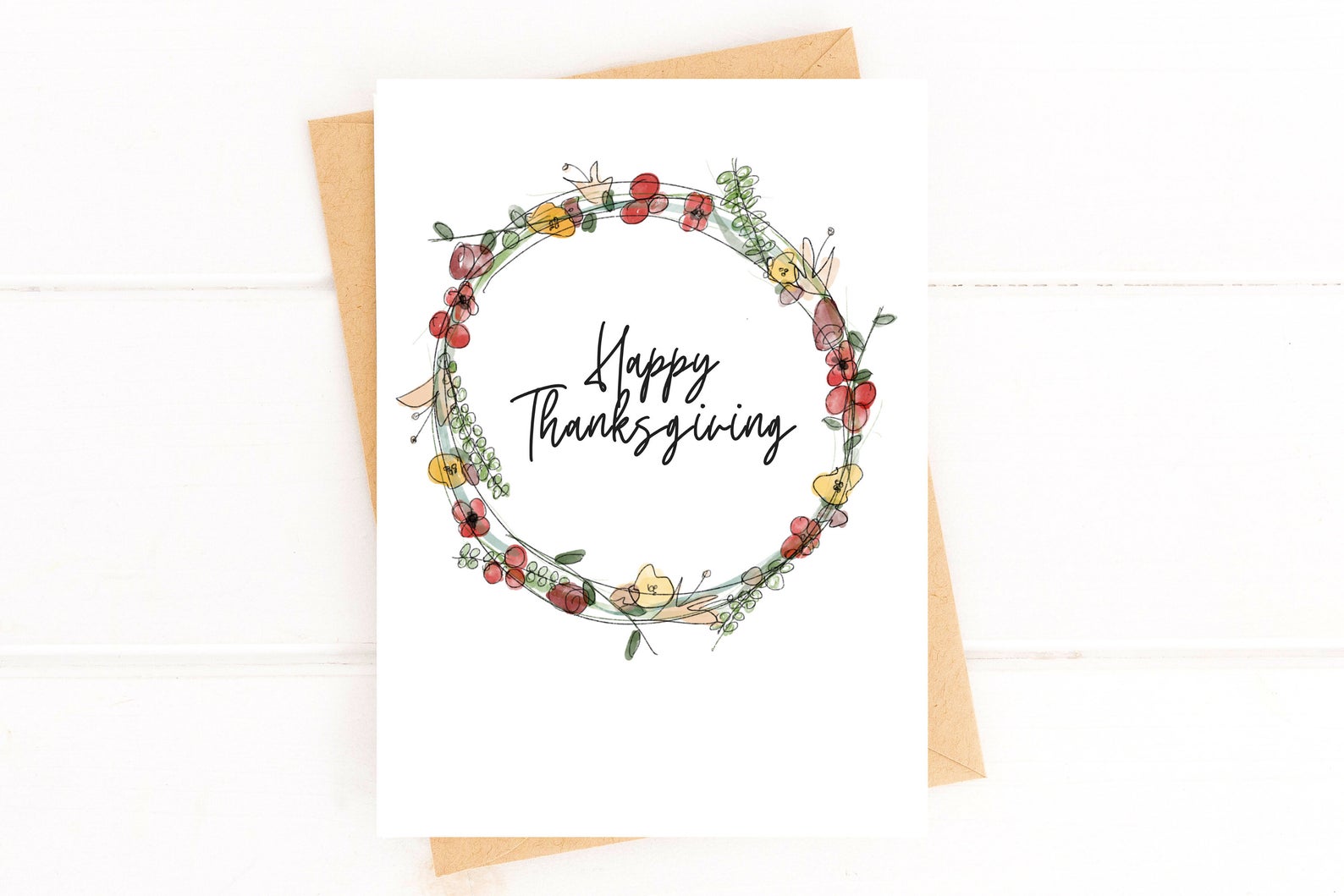 Happy Thanksgiving Card – Fall Floral Wreath, Watercolor-Style