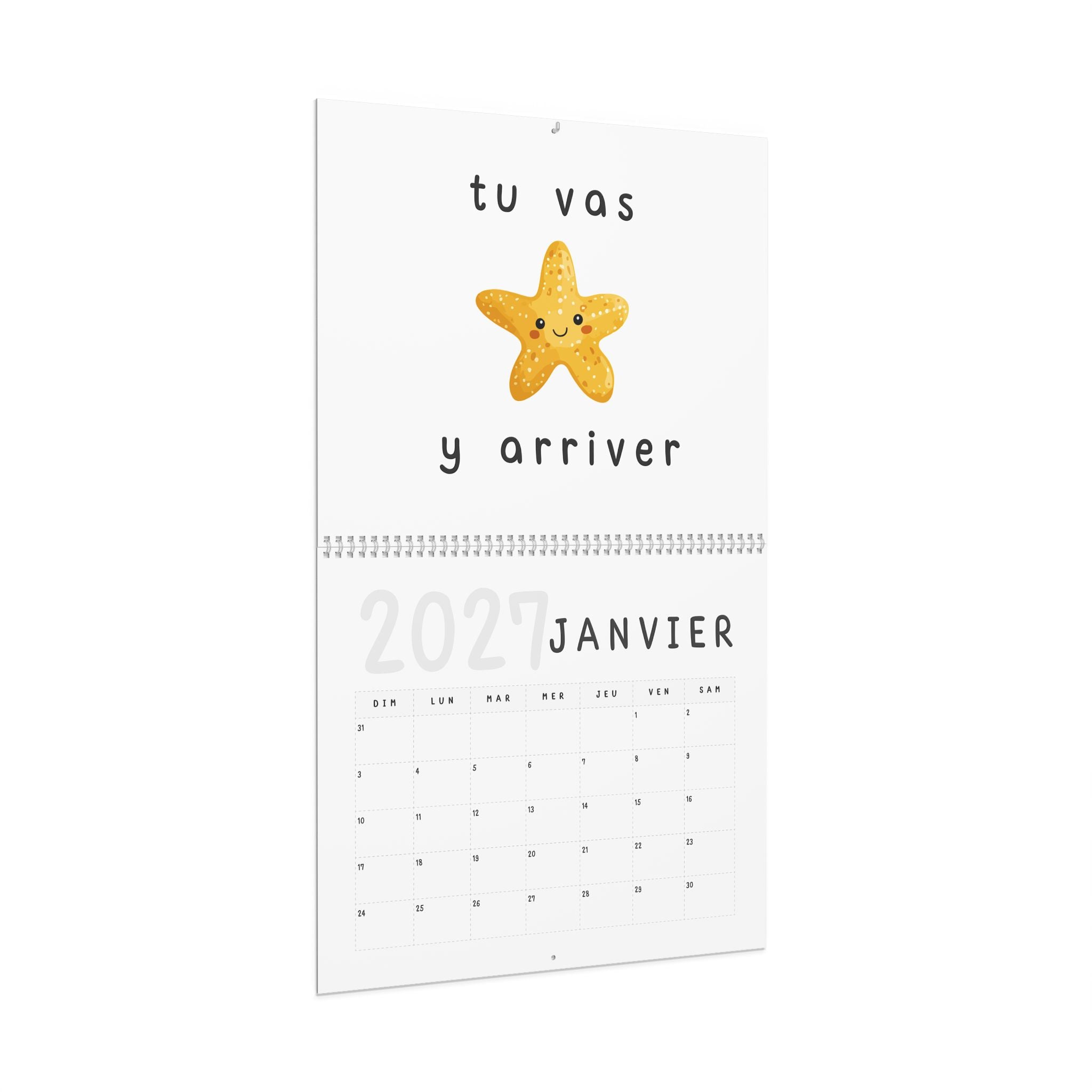 French motivational phrases kawaii Monthly Wall Calendar 2027, Cute Encouragement Calendar
