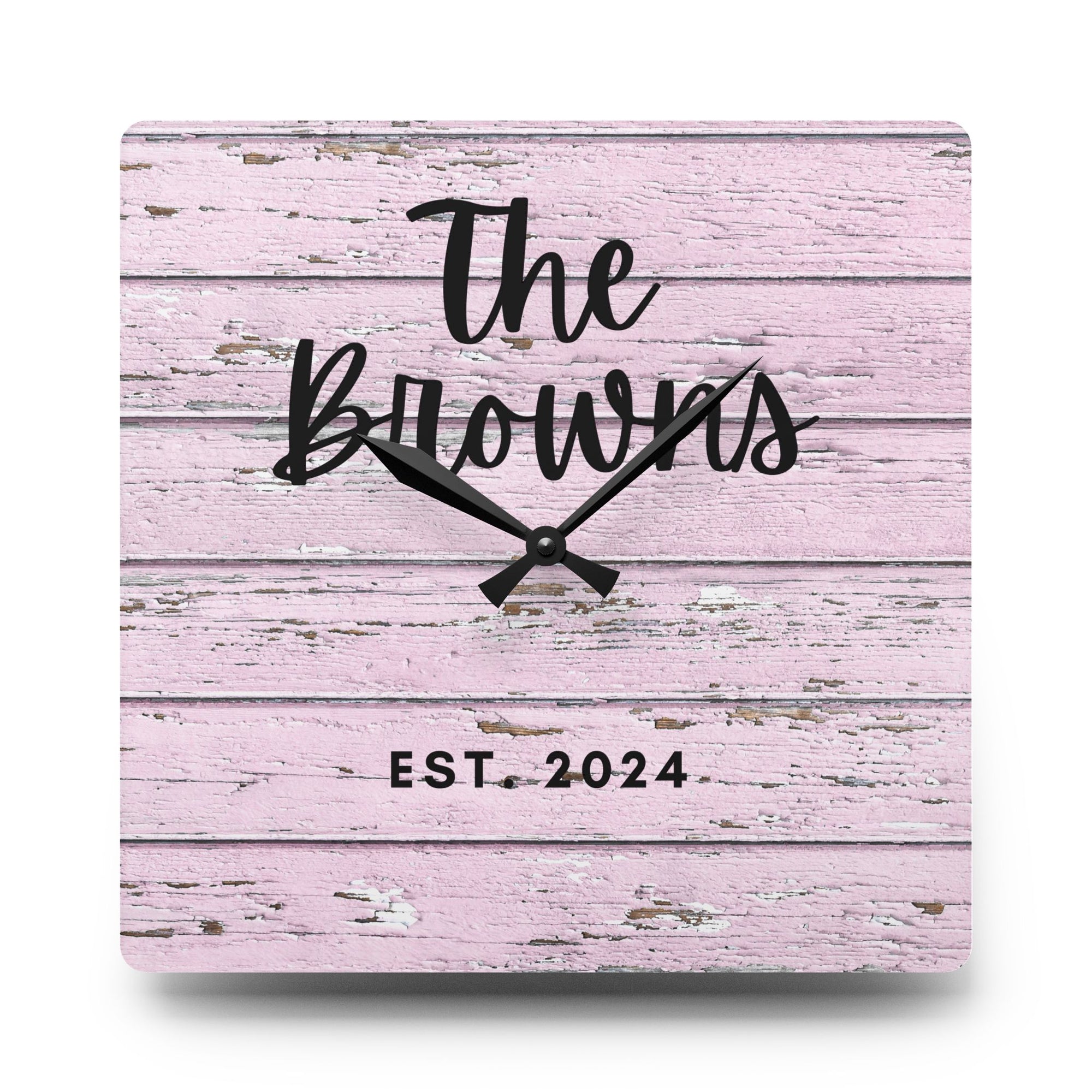 Custom pink rustic Acrylic Wall Clock, Personalized family name