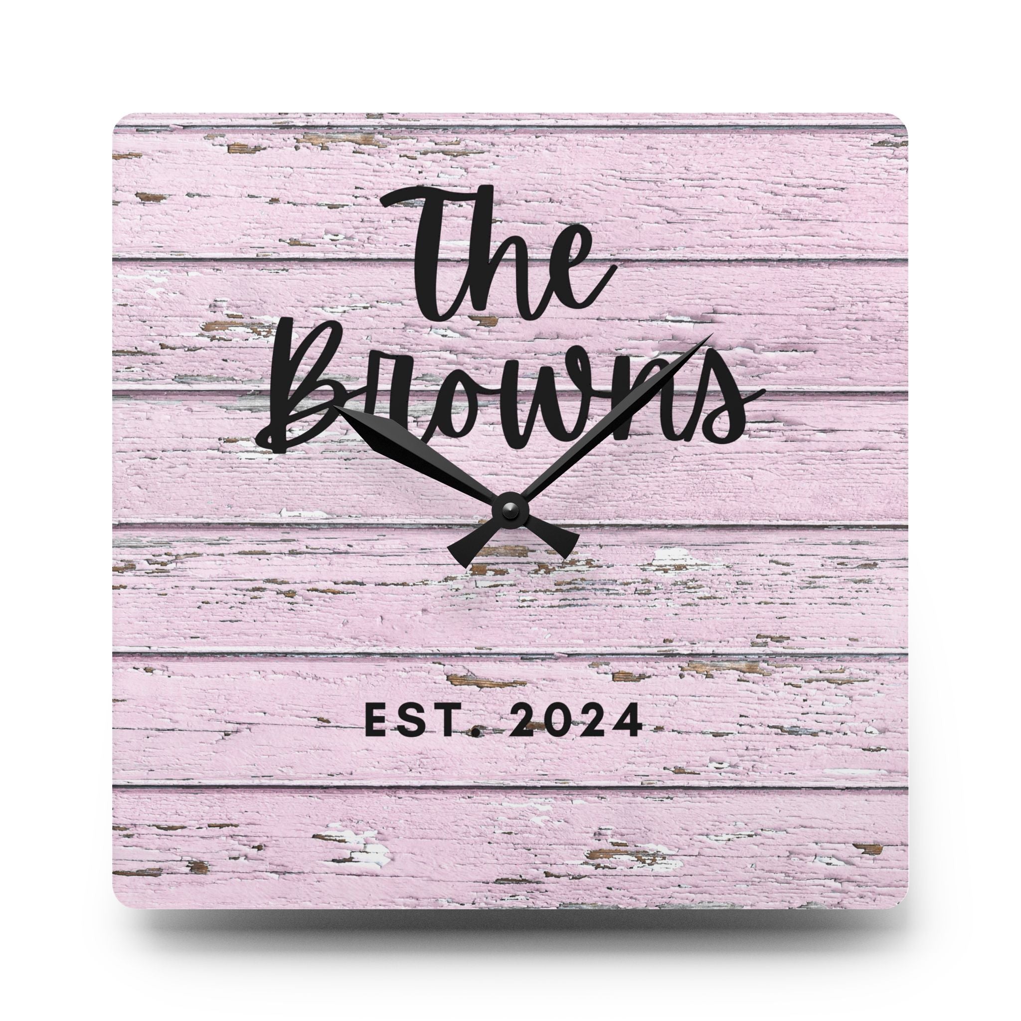 Custom pink rustic Acrylic Wall Clock, Personalized family name