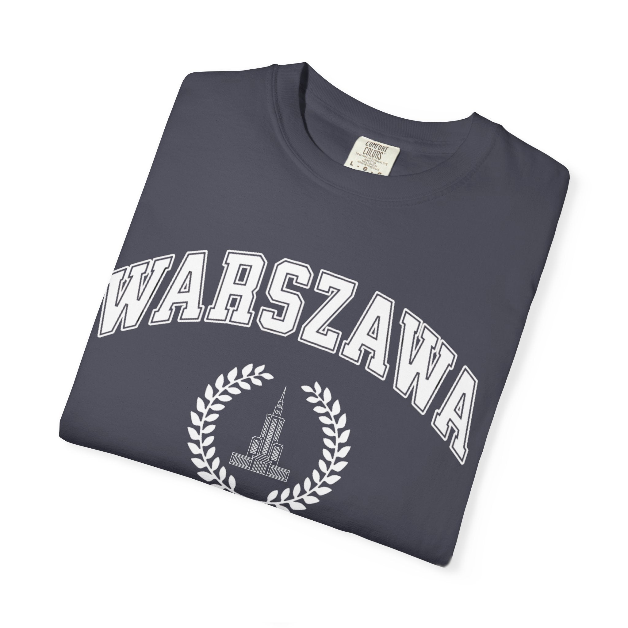 Warszawa Vintage Tee — Warsaw City Crest T-Shirt with Palace of Culture and Science graphic