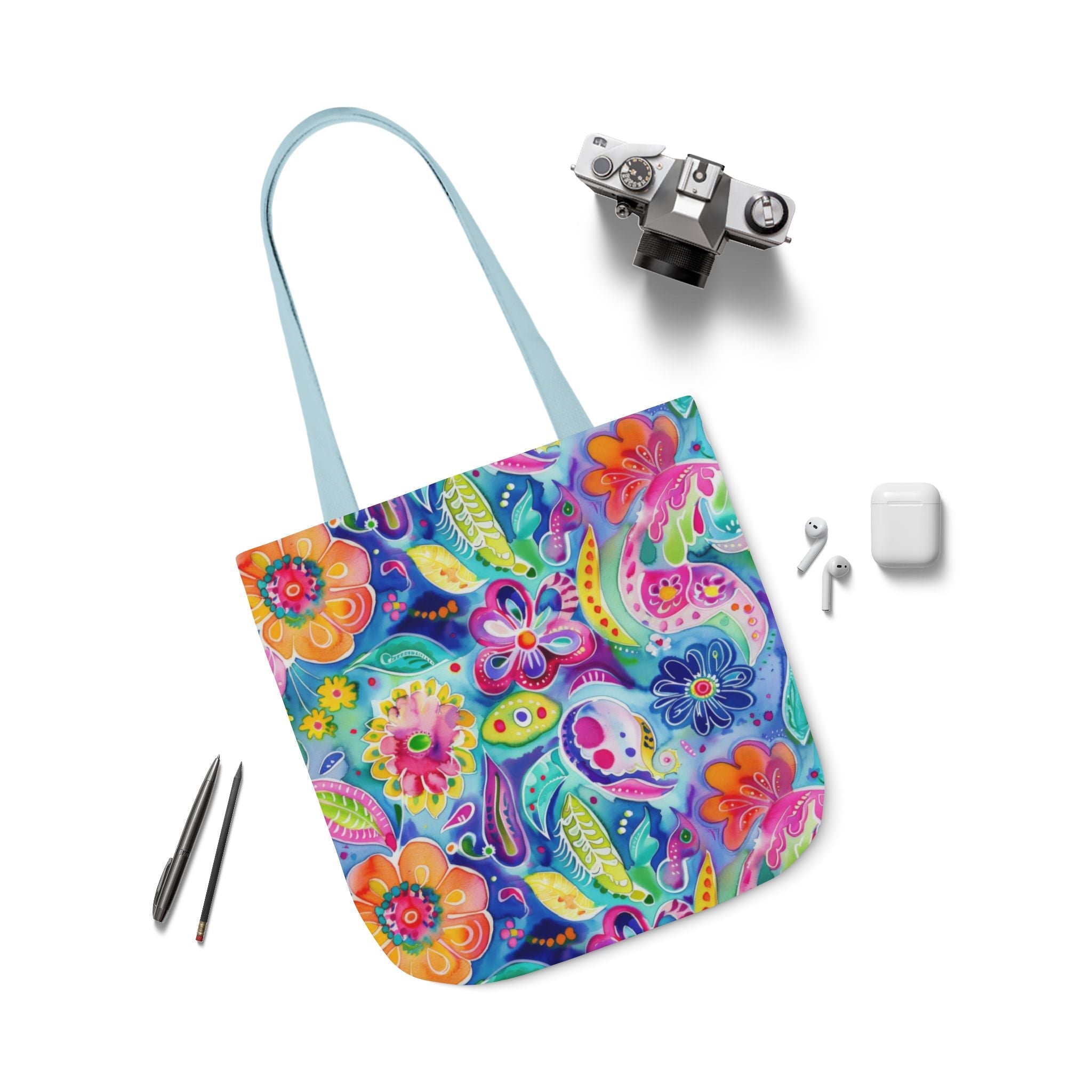 Bespattered Facade Colorful Flowers Canvas Tote Bag | 3 Sizes and 5 Strap Colors