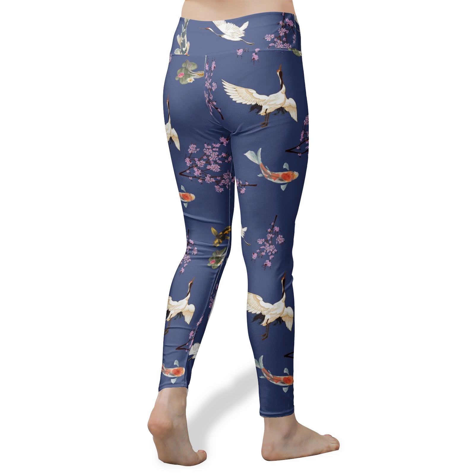 High Waist Yoga Leggings - "Sakura dreams" Cherry blossoms, koi fish, and cranes