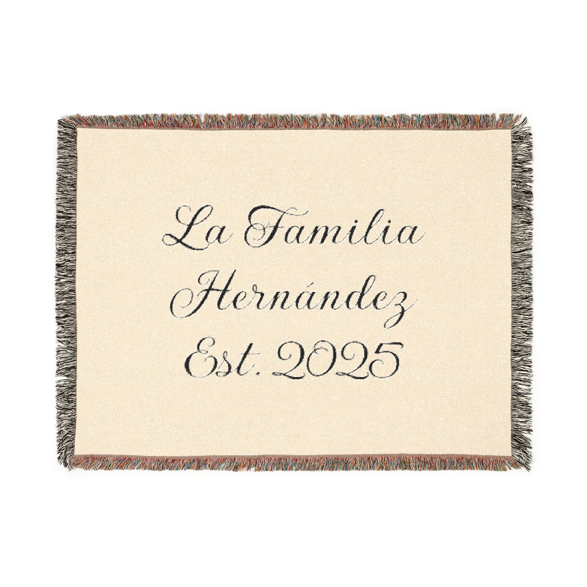 Manta tejida personalizada con apellido familiar y año