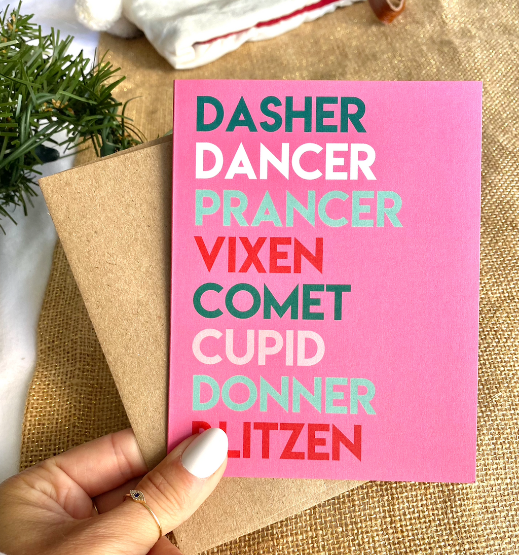 Reindeer Names Pink Modern Christmas Card