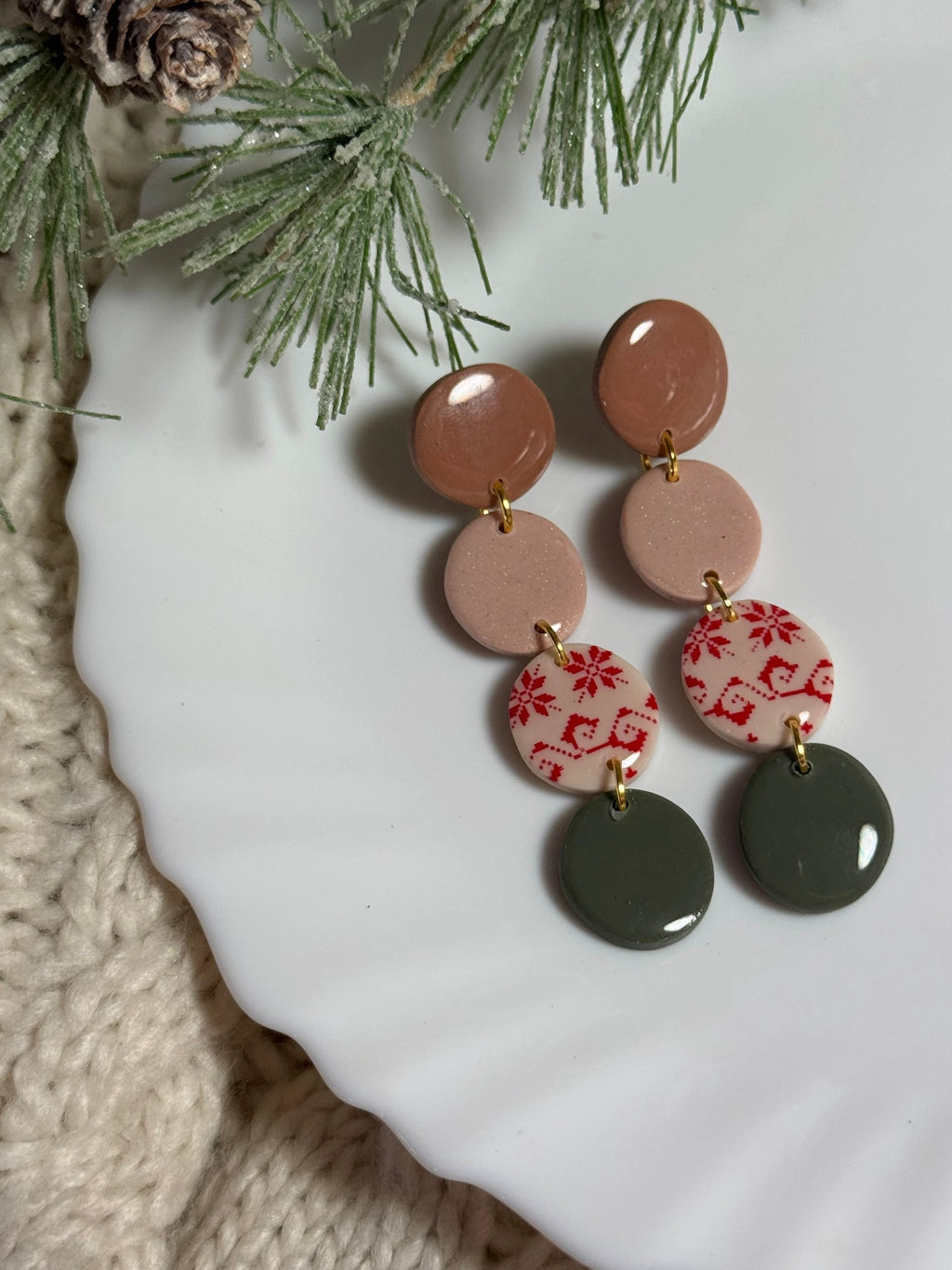 Christmas Color Palette earrings, 14k gold plated nickel free, handmade with polymer clay by Shop Something Earthy