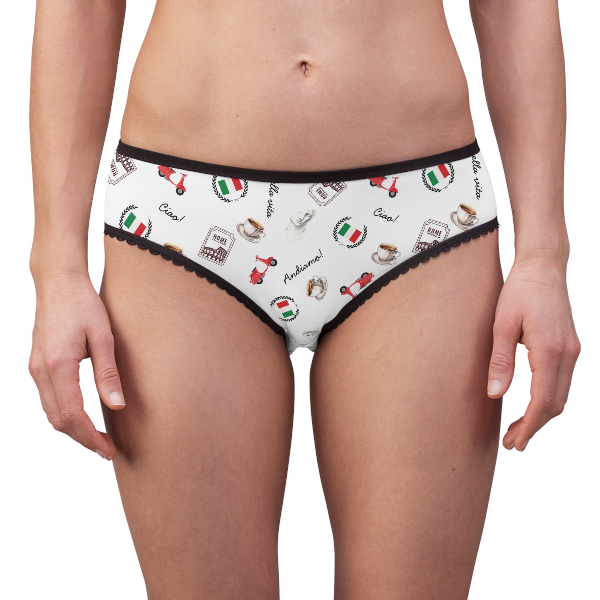 Bella Italiana women's underwear briefs, Italian themed espresso, scooter, flag pattern