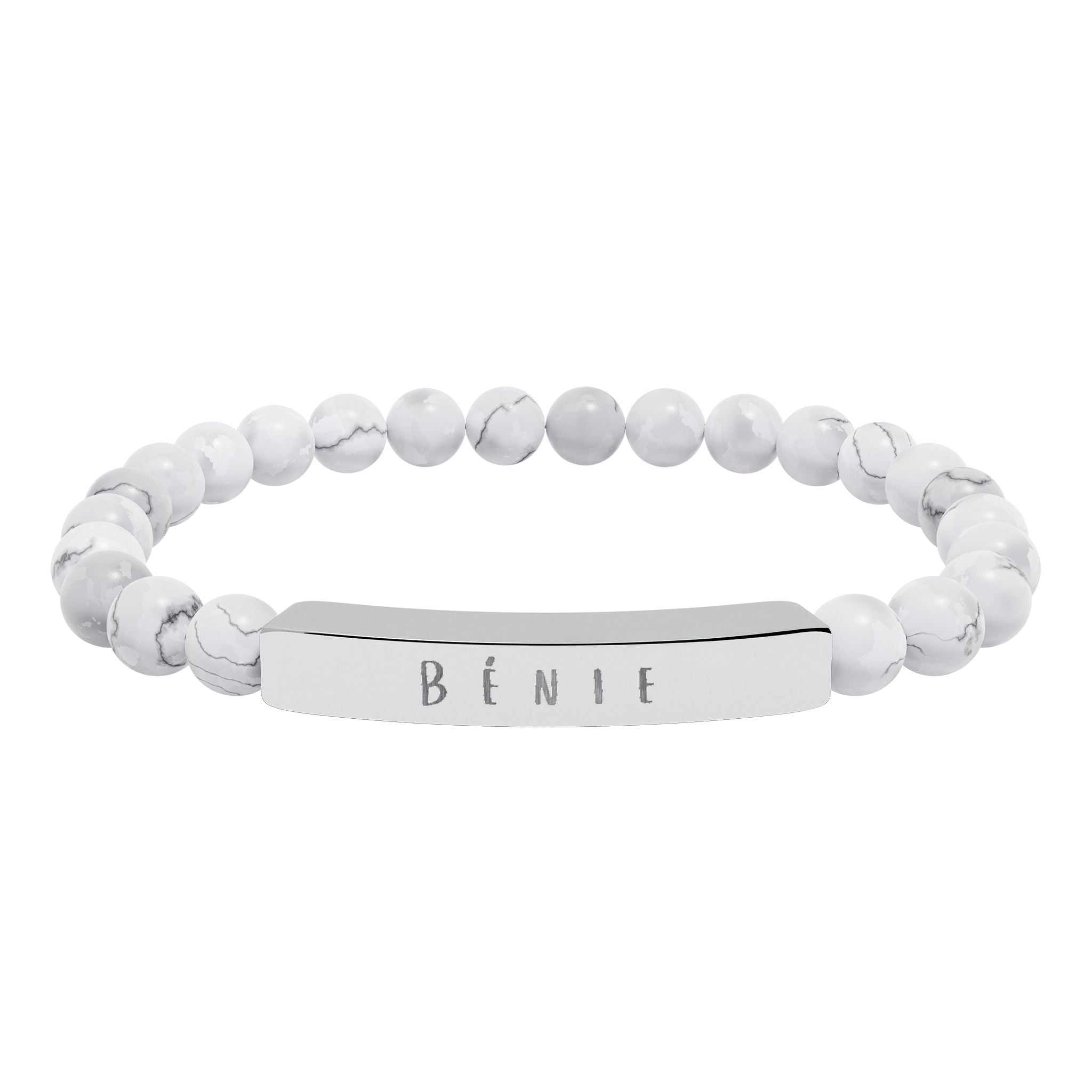Bénie (Blessed) French beaded Engraved Bar Natural Stone Bracelet, Stretch Bead Bracelet