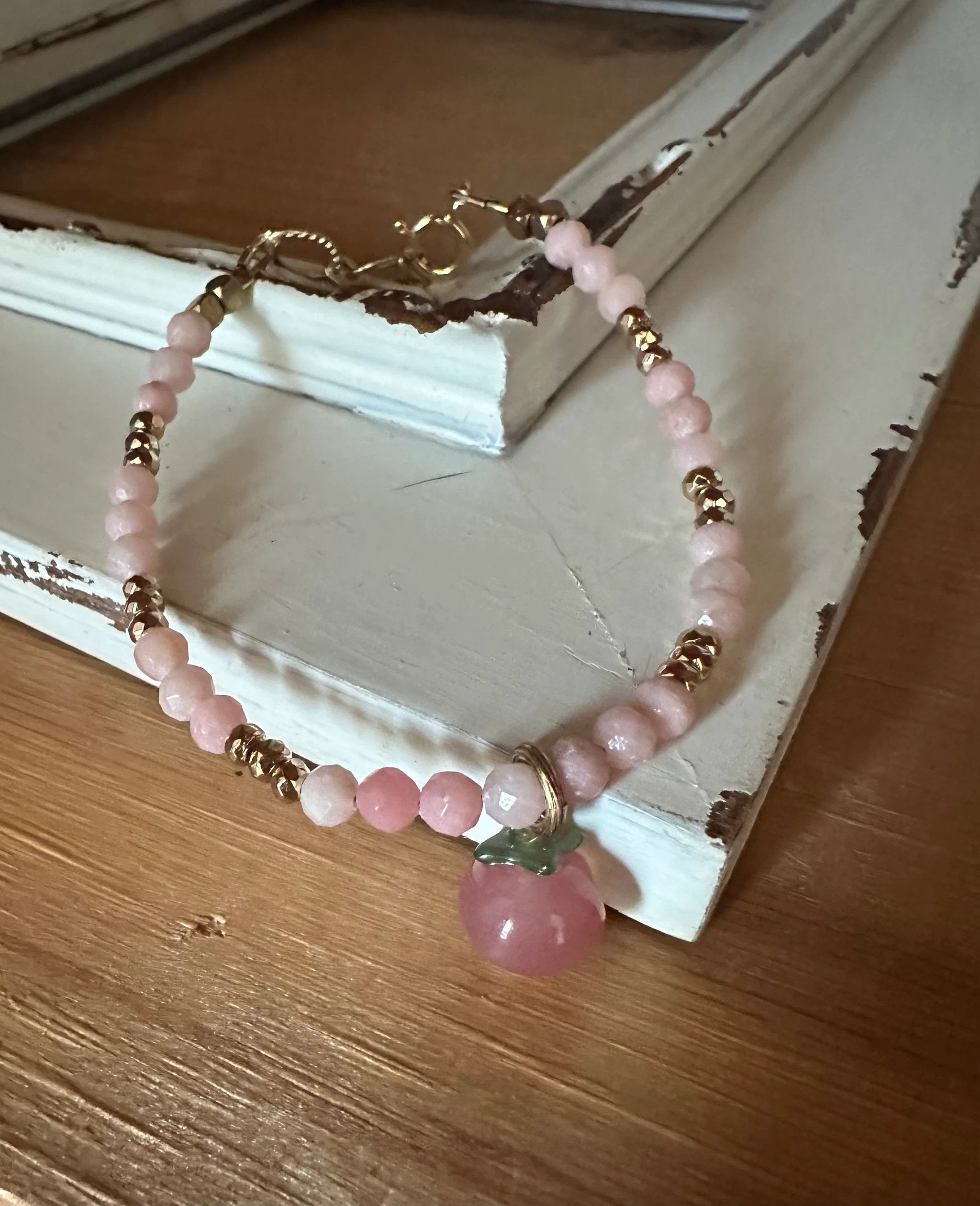 Carved Peach Charm & Pink Opal Bracelet by AdoreJules Designs