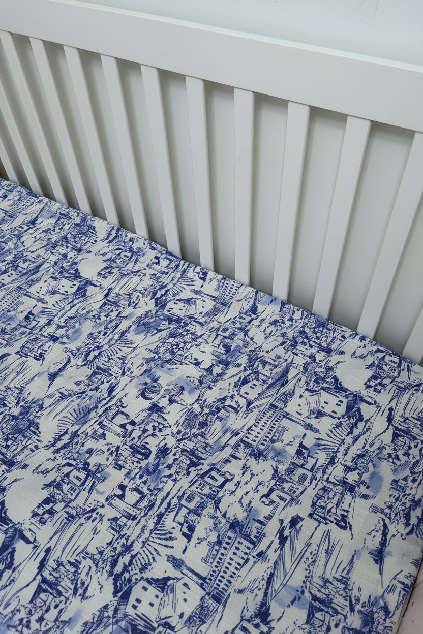 Blue Toile Crib Sheet