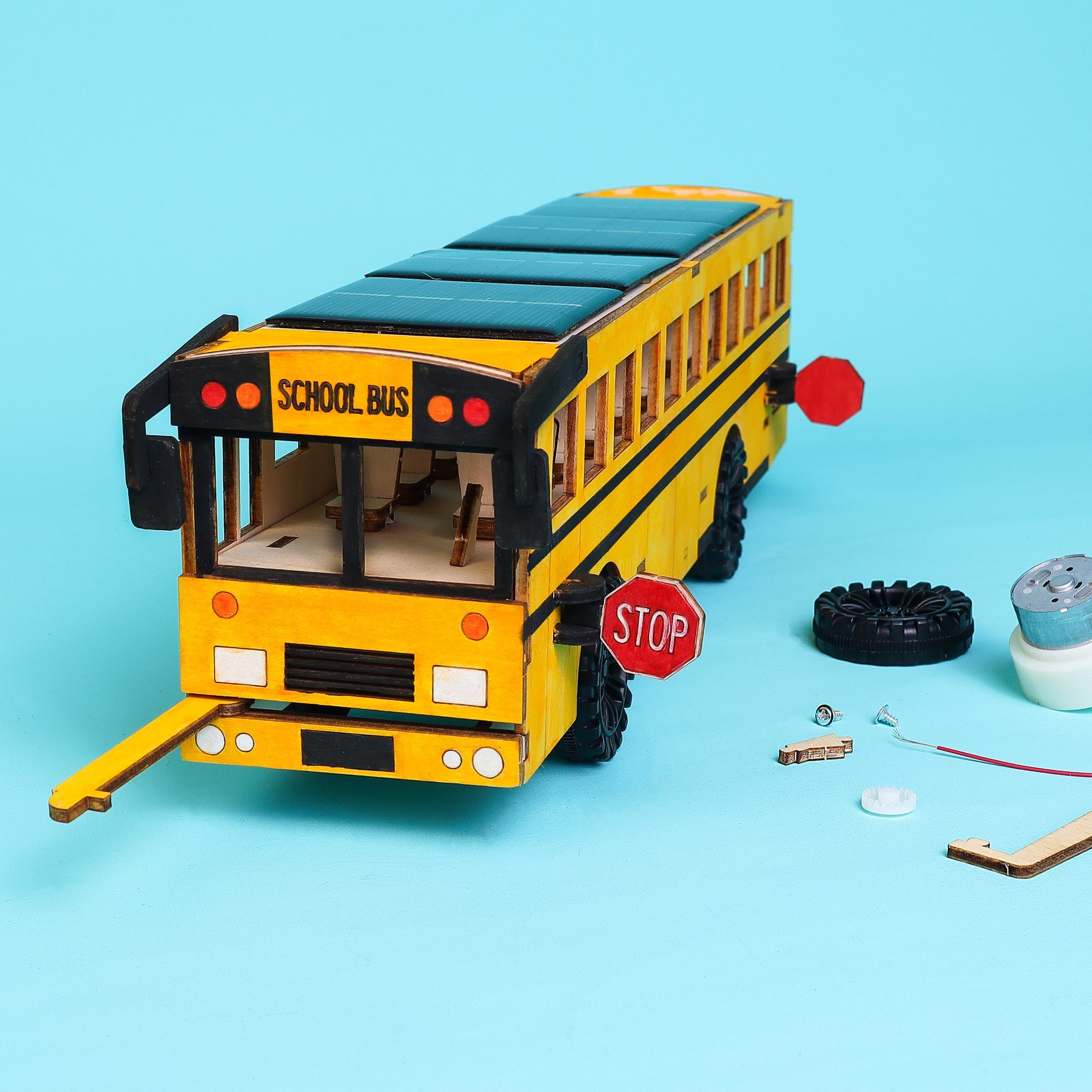 Dual Power School Bus STEM Kit – Build, Paint & Personalize | Battery + Solar Powered by Kitsville