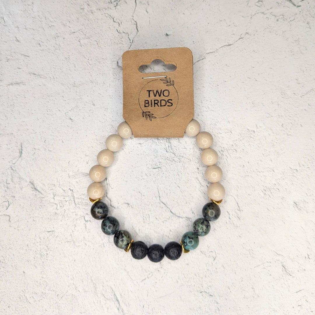Gemstone Diffuser Bracelet - Riverstone + African Turquoise + Lava Rock by Two Birds Eco Shop