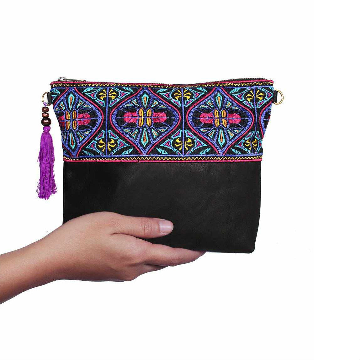 Convertible Embroidered Leather Crossbody / Clutch Bag - Thailand