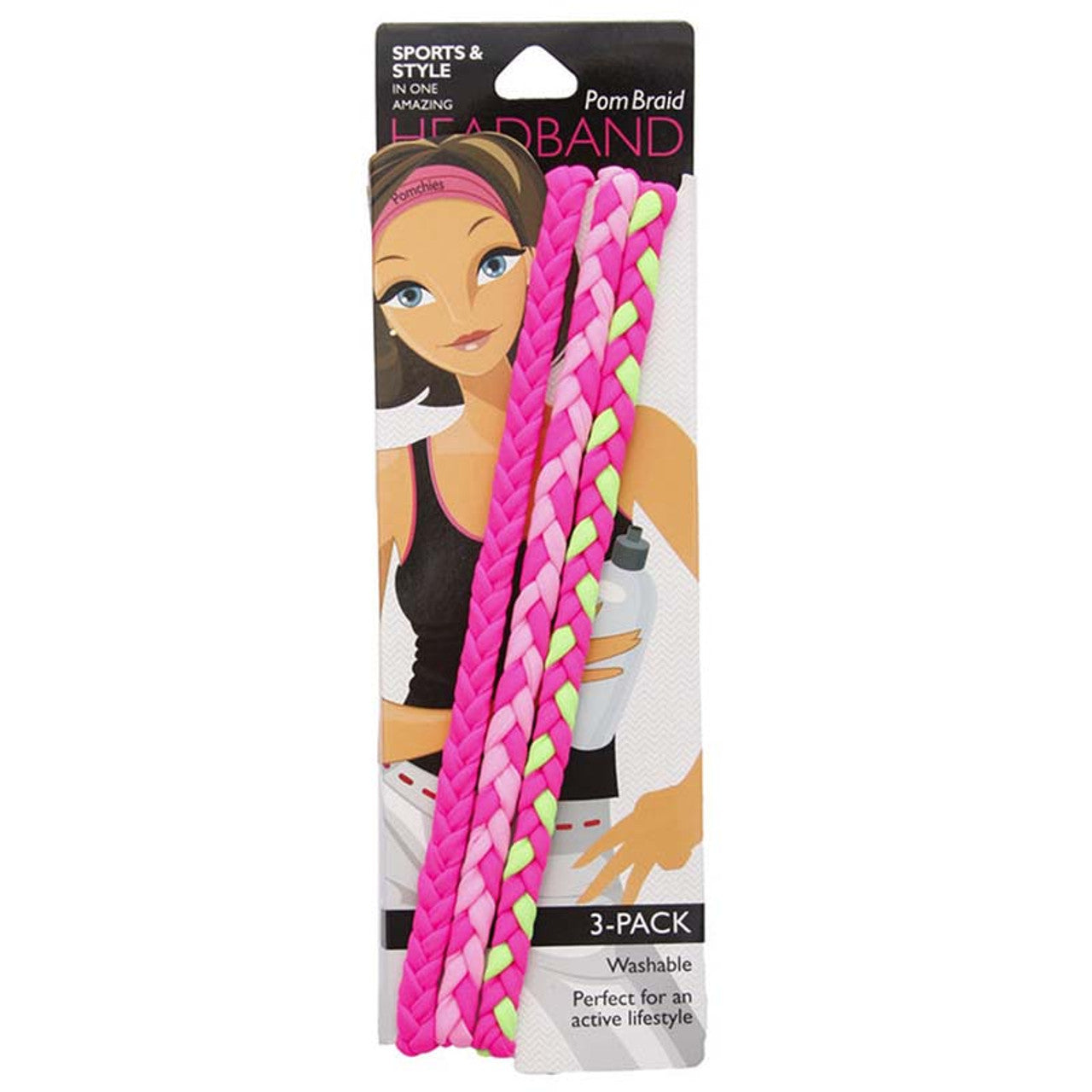 3 Pack Single Pom Braid In the Pink | Nylon Headband Hair Accessory