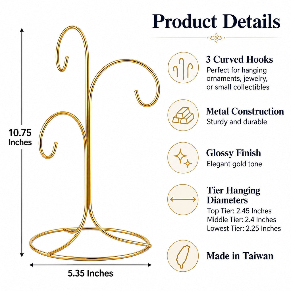 3-Arm 3-Tier Gold Brass Metal Ornament Stand Display 10.75 Inches Ornament Stands La Vie Bien 3-Arm 3-Tier Gold Brass Metal Ornament Stand Display 10.75 Inches